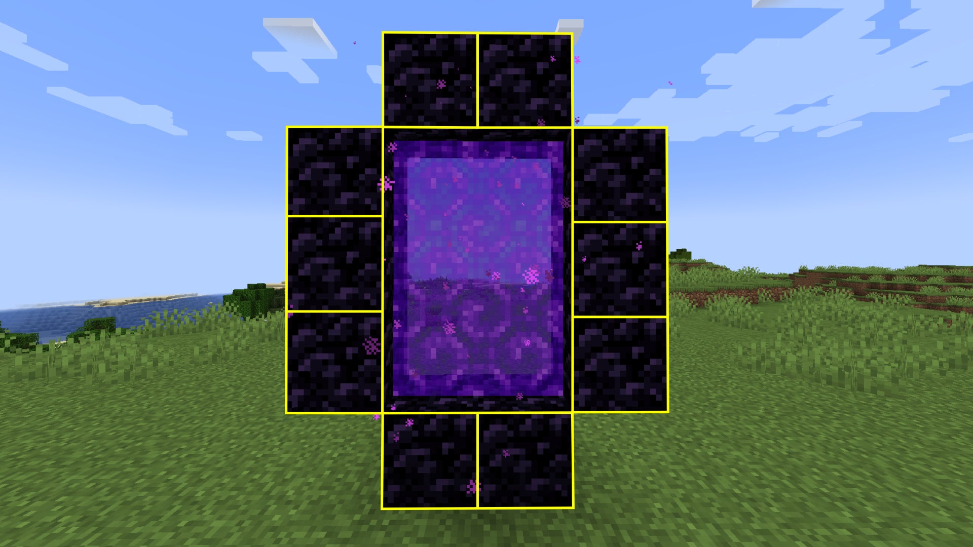 A Minecraft Nether Portal, with each of the individual blocks of the Portal frame highlighted.