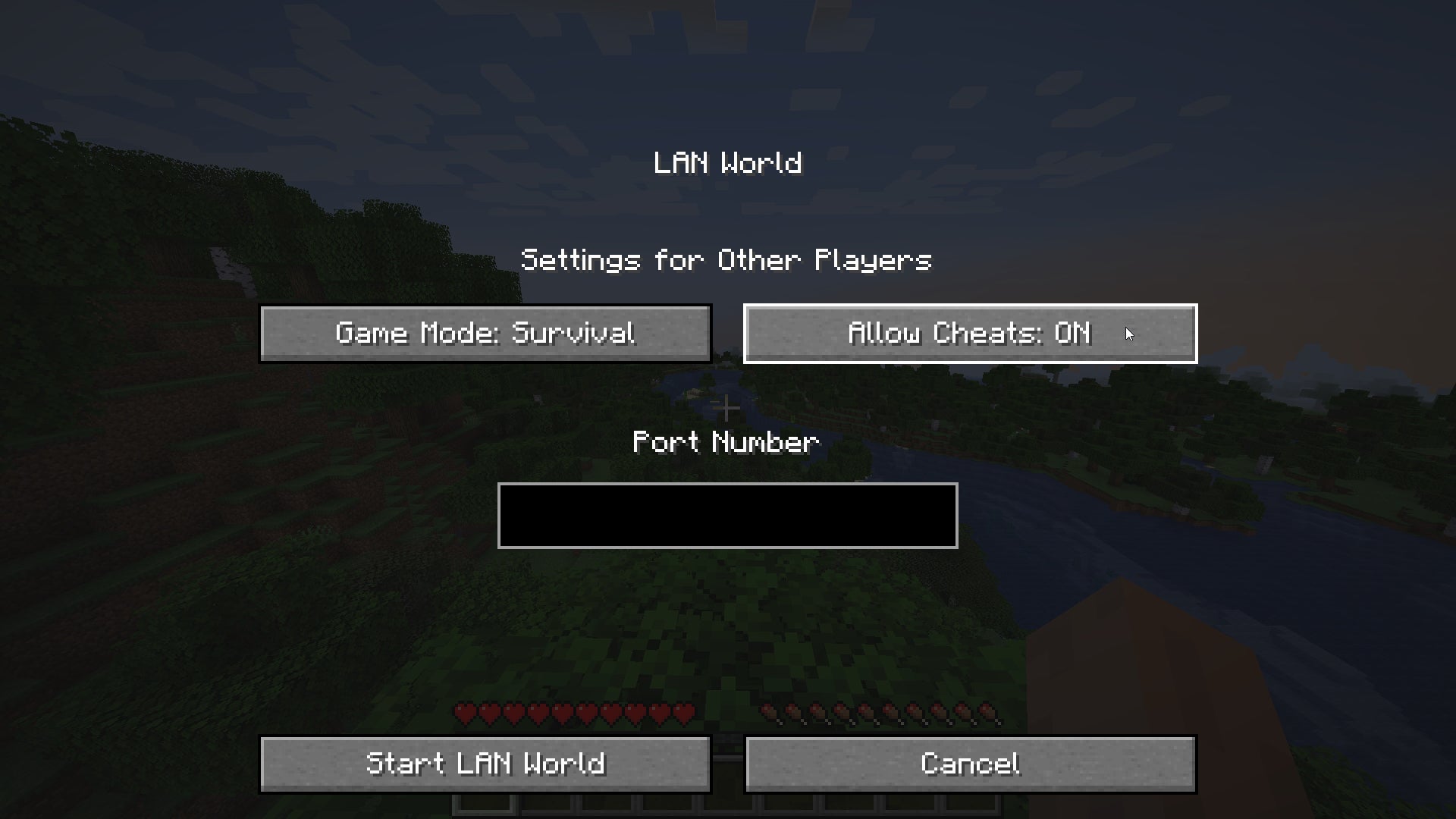 The LAN settings menu in Minecraft, where the player can open the game up to LAN and enable cheats.