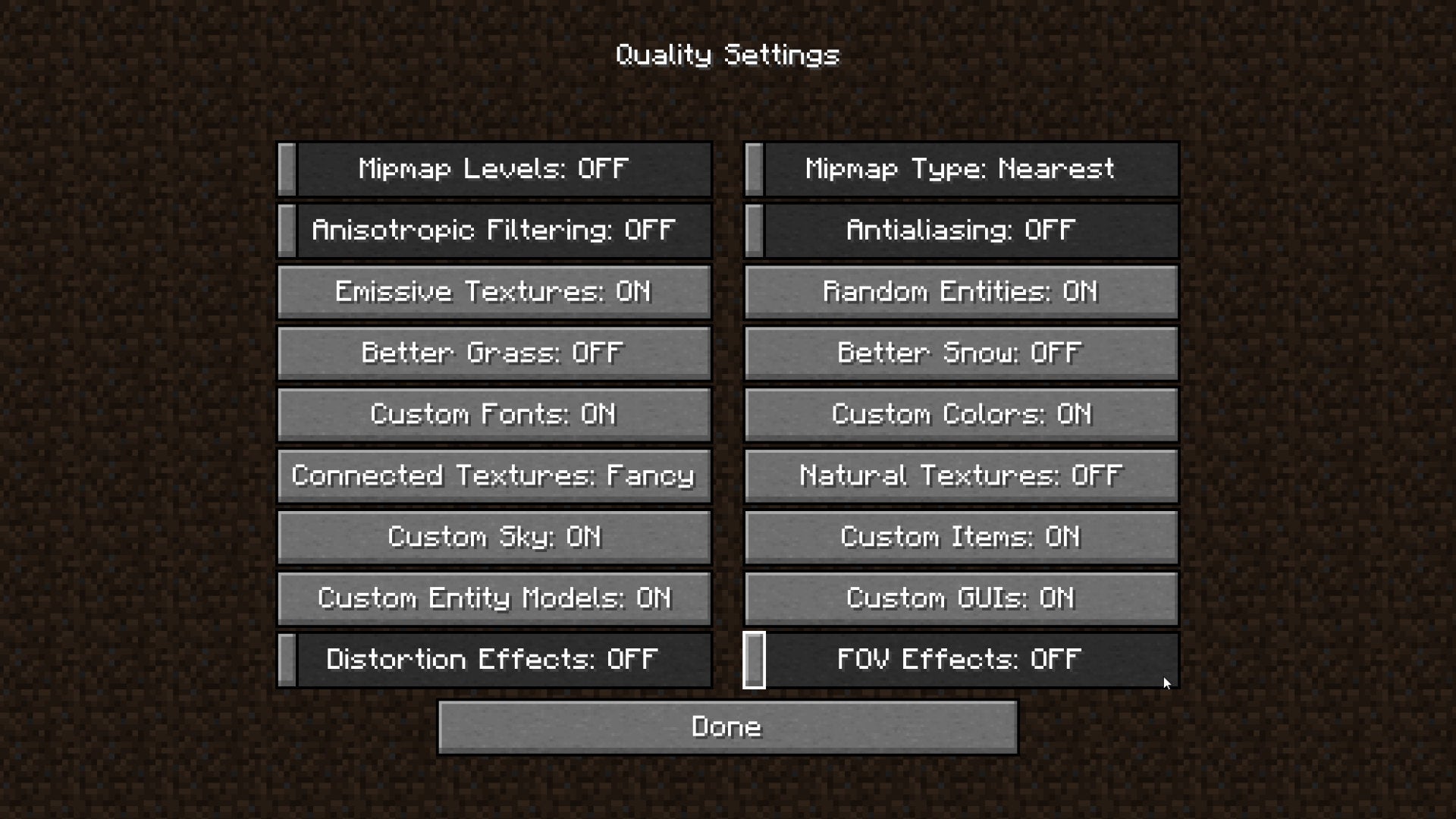 A screenshot of the Minecraft settings menu with the Optifine mod enabled.