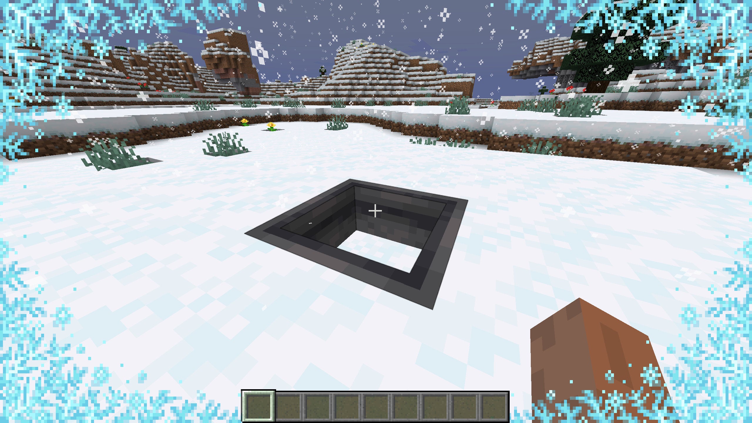 A Minecraft screenshot of the player freezing inside Powder Snow in a snowy biome, with a cauldron slowly collecting Powder Snow in front of them.