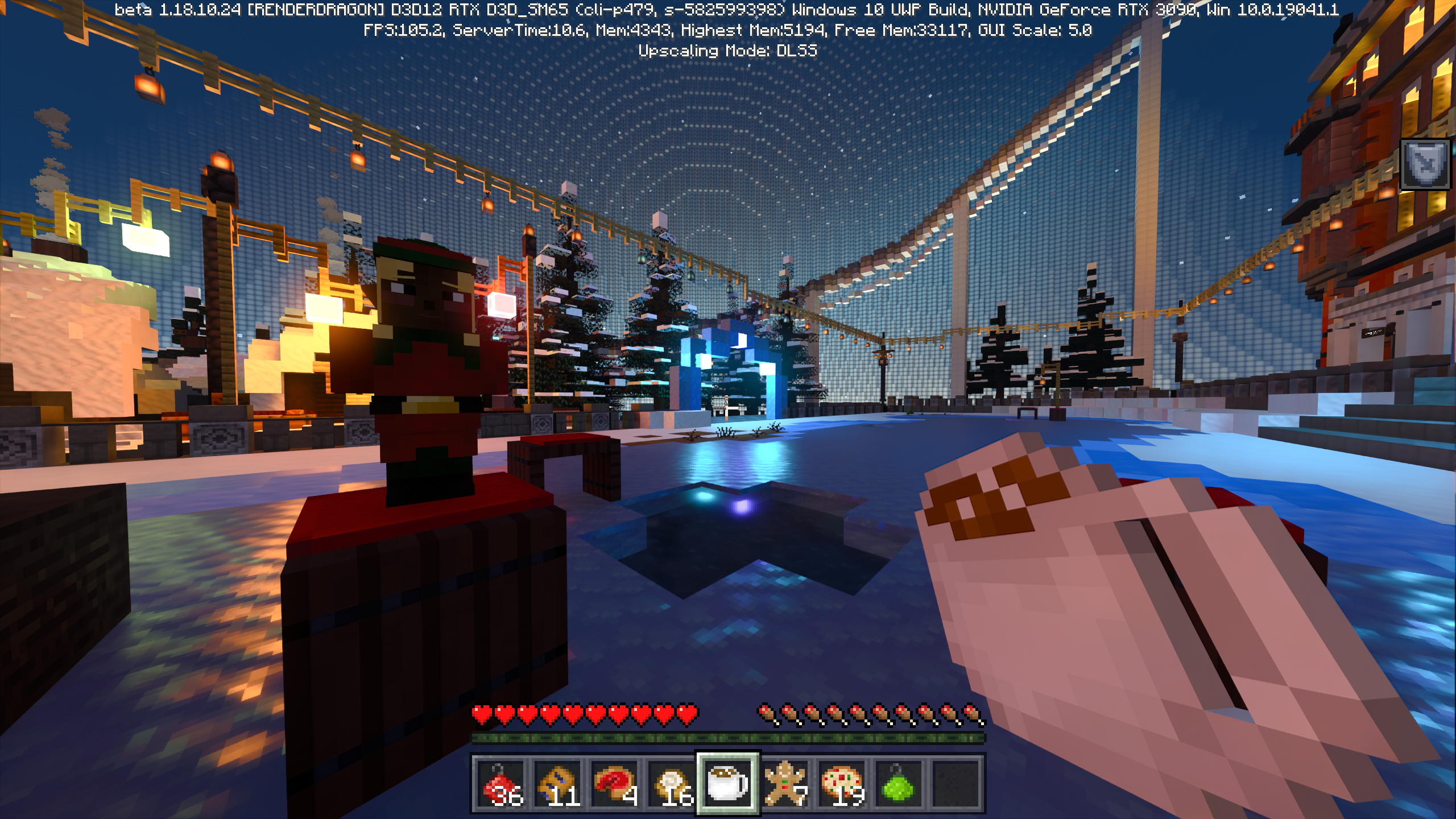 Um elfo está ao lado de um buraco de pesca no gelo no mapa Minecraft RTX Winter World da Nvidia.