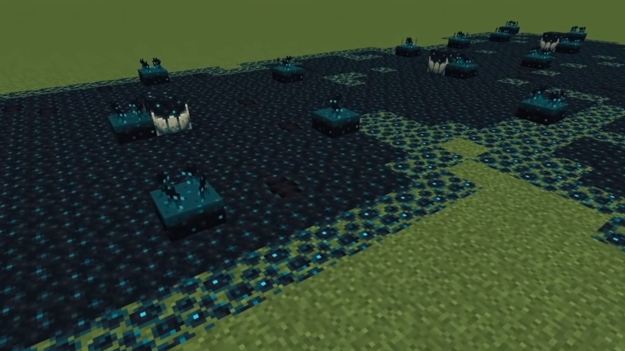 Рост Sculk Blocks на плоском мире с пастбищами в Minecraft.