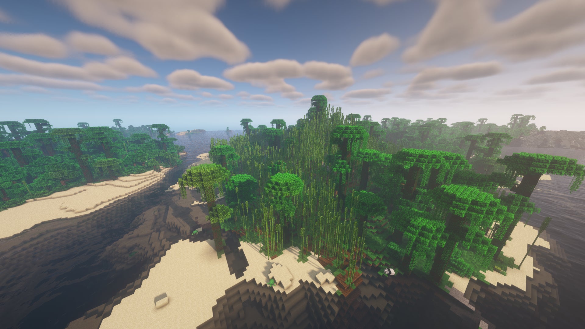 Des îles dans Minecraft, couvertes d'arbres de la jungle et d'une forêt de bambous.