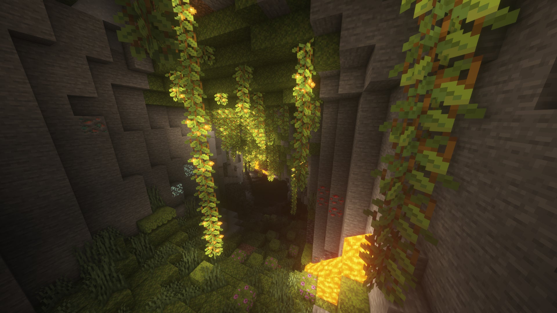 Un biome de la grotte luxuriante dans Minecraft.