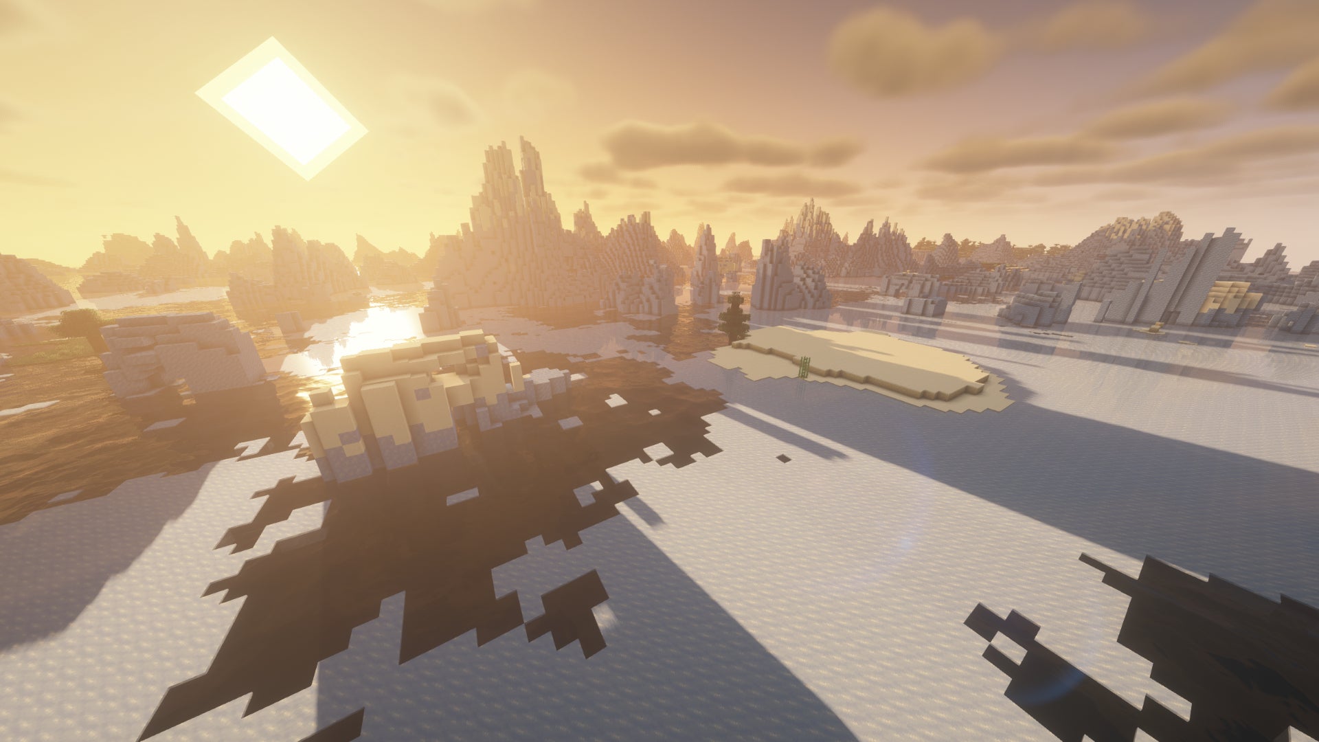 Un coucher de soleil Minecraft sur un biome Ice Spikes.