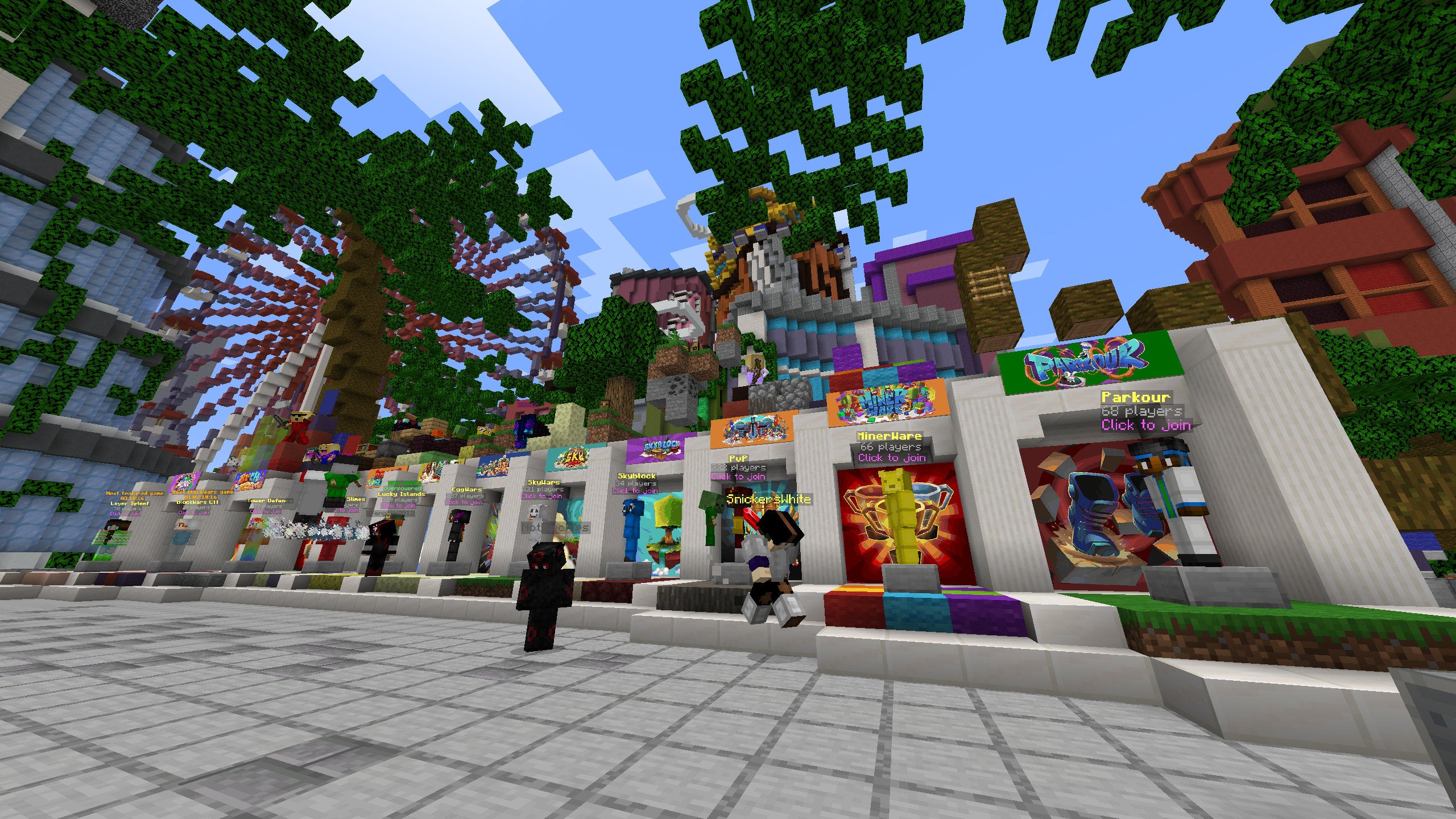 A Minecraft screenshot of the lobby of the Cubecraft server.