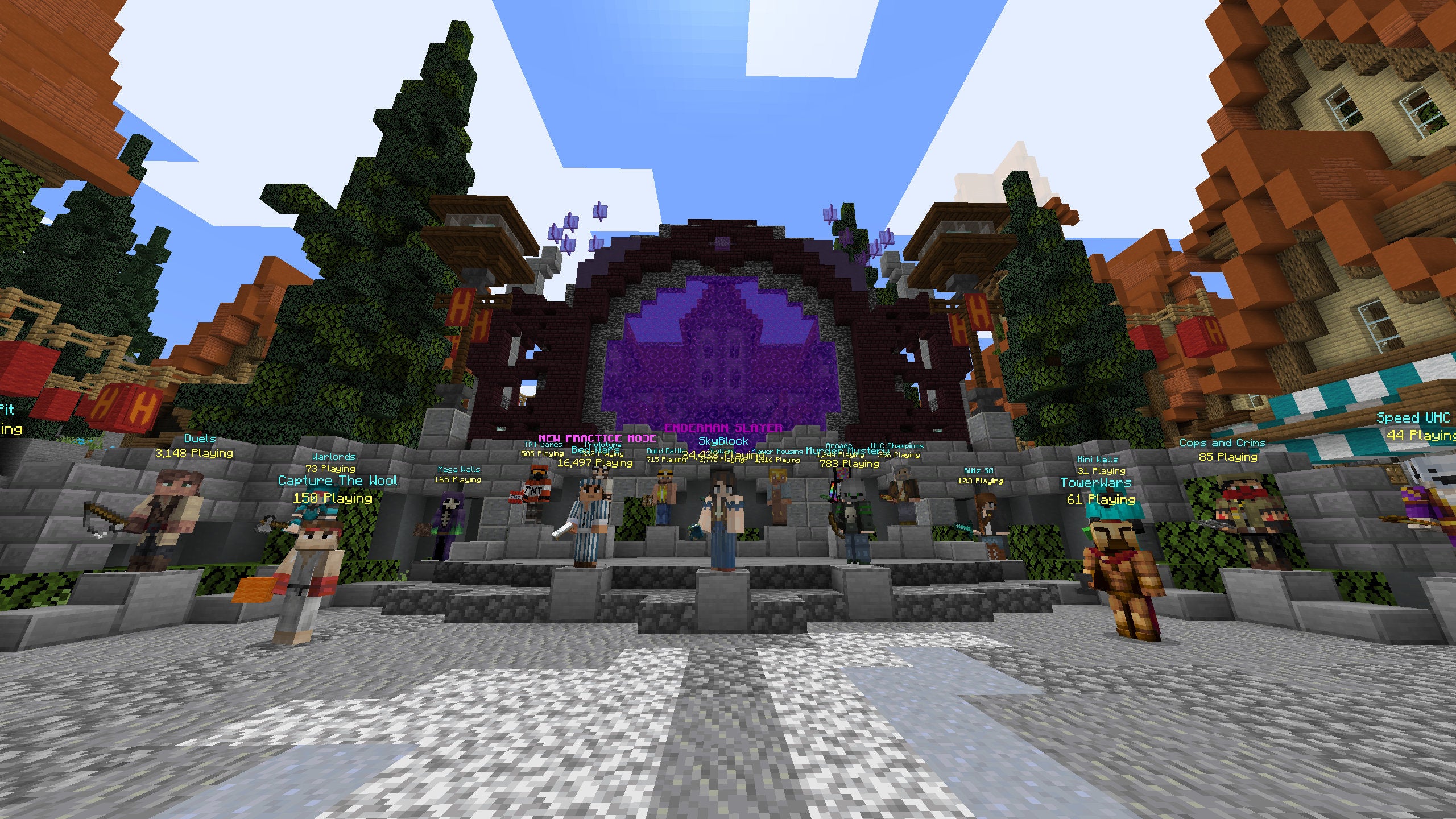 Une capture d'écran Minecraft du lobby du serveur Hypixel.