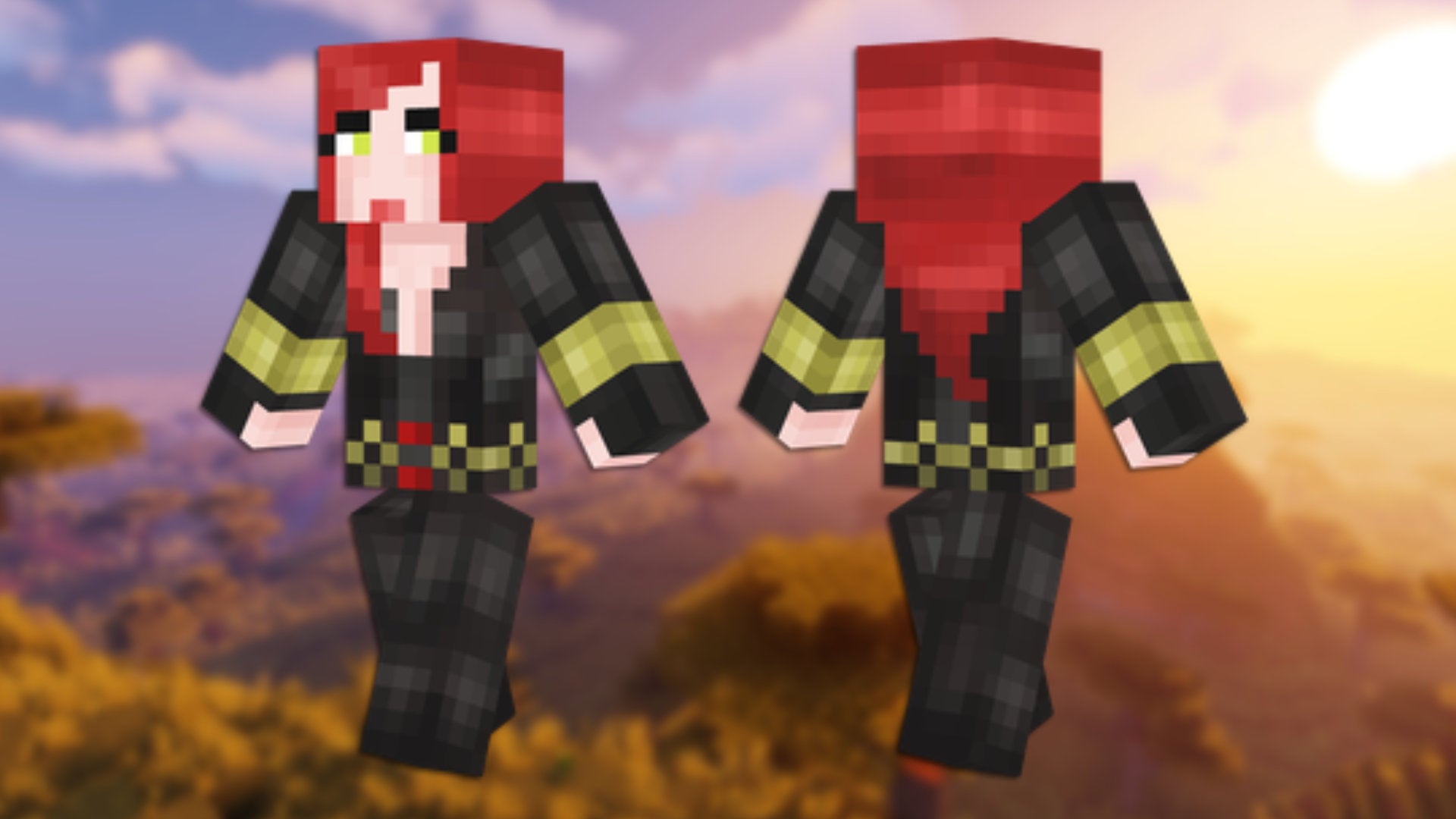 A front and back view of the Black Widow Minecraft skin.