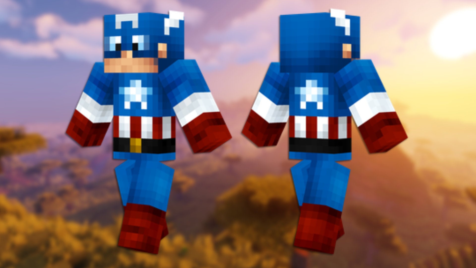 A front and back view of the Captain America Minecraft skin.