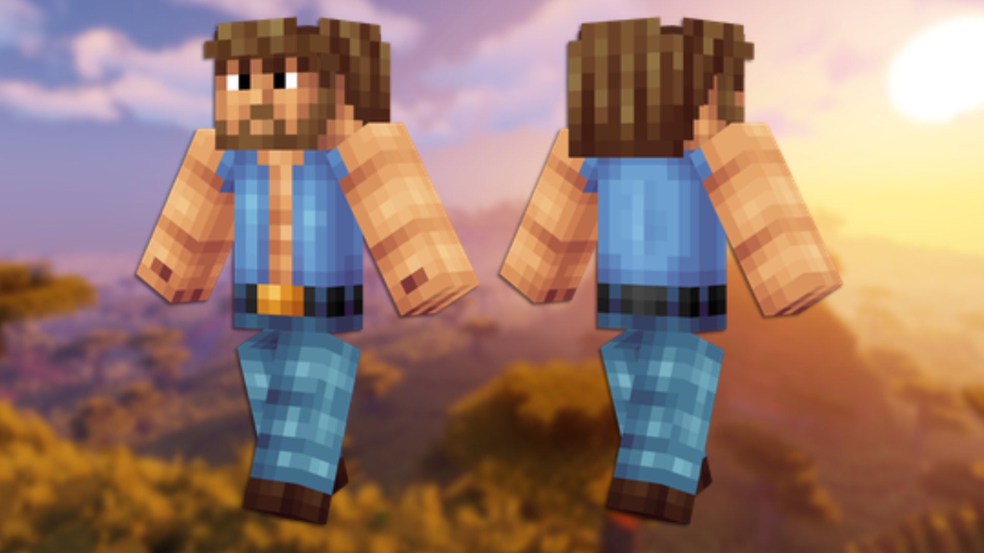 A front and back view of the Chuck Norris Minecraft skin.