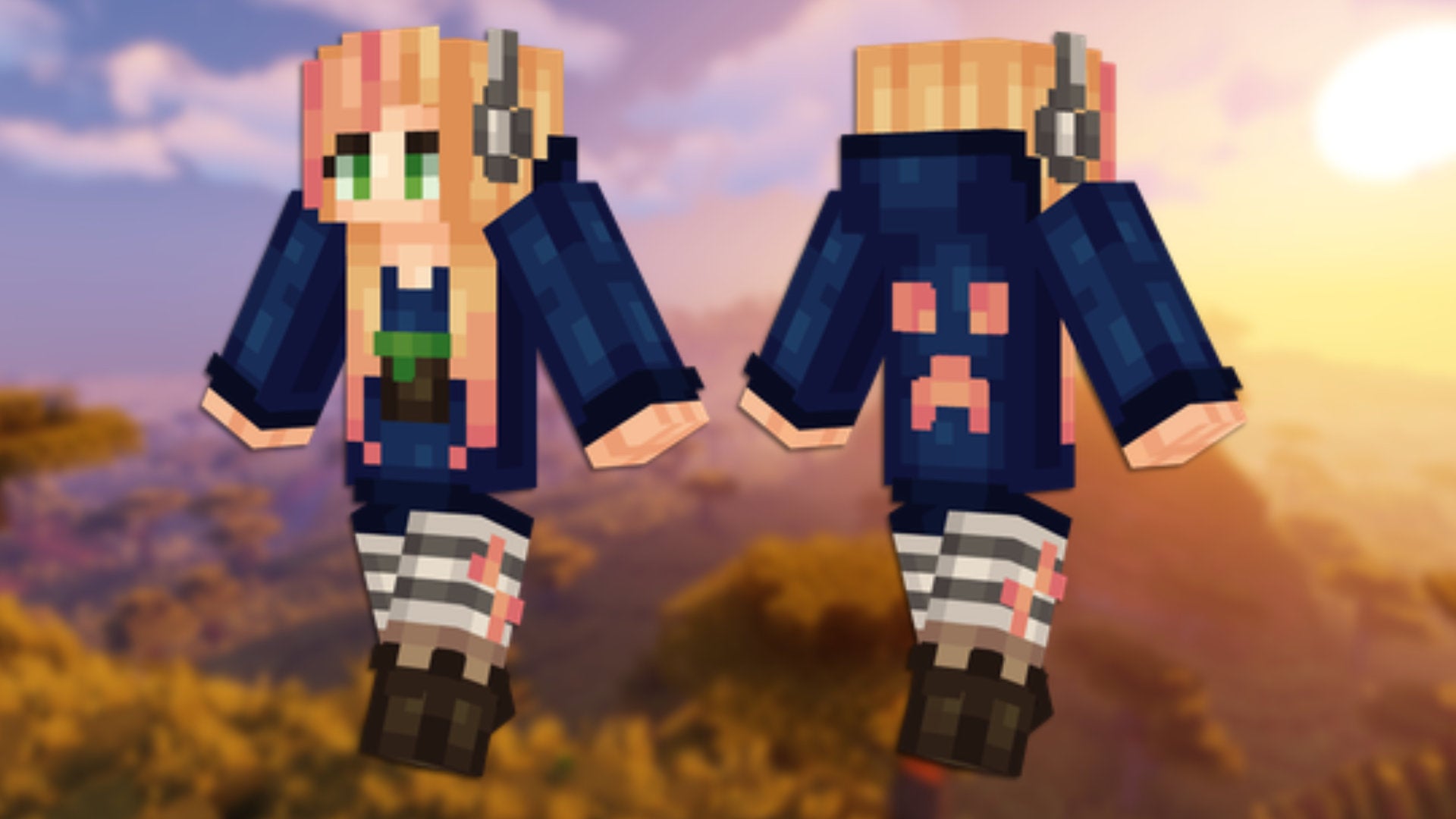A front and back view of the Gamer Girl Minecraft skin.