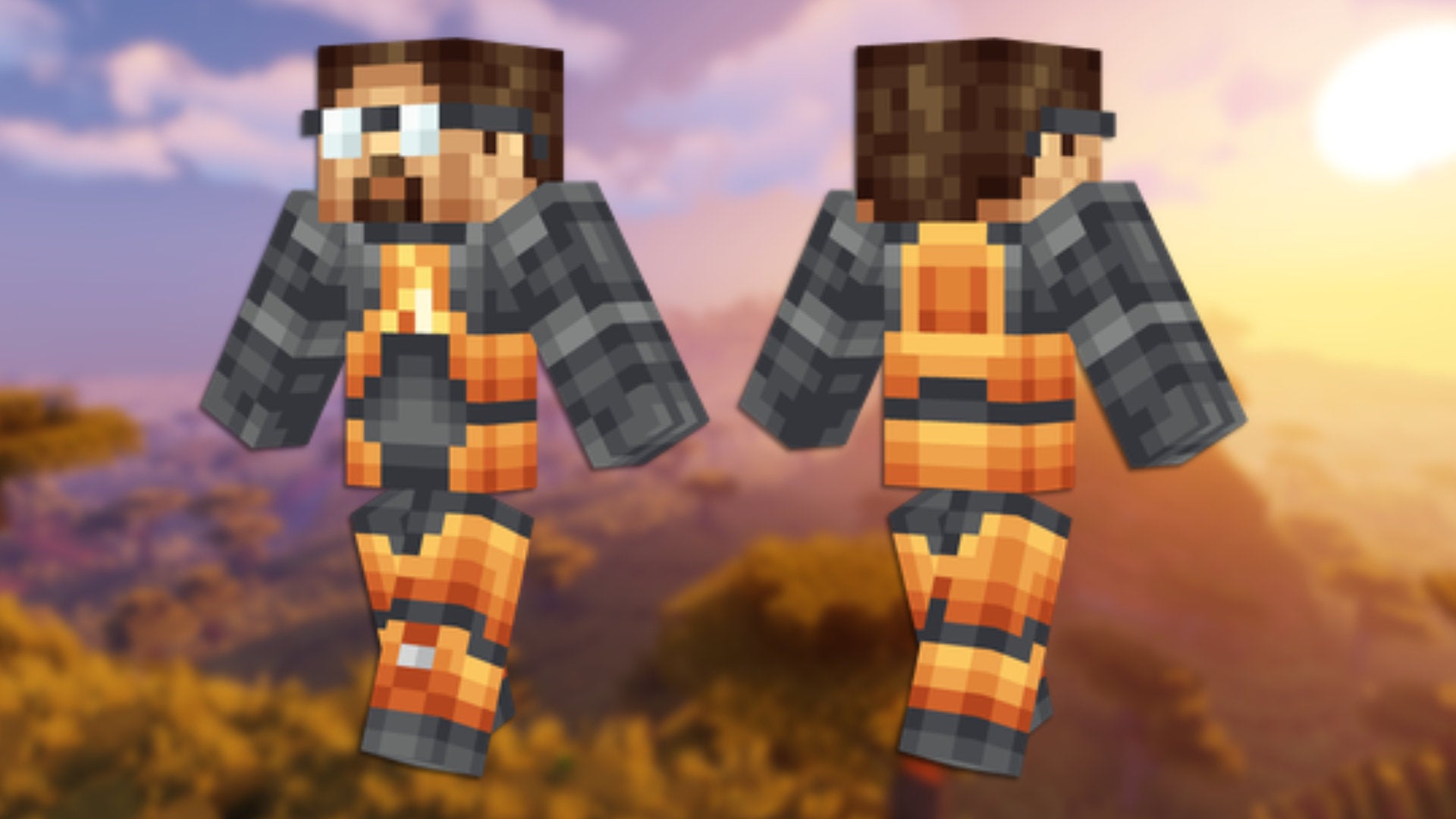A front and back view of the Gordon Freeman Minecraft skin.