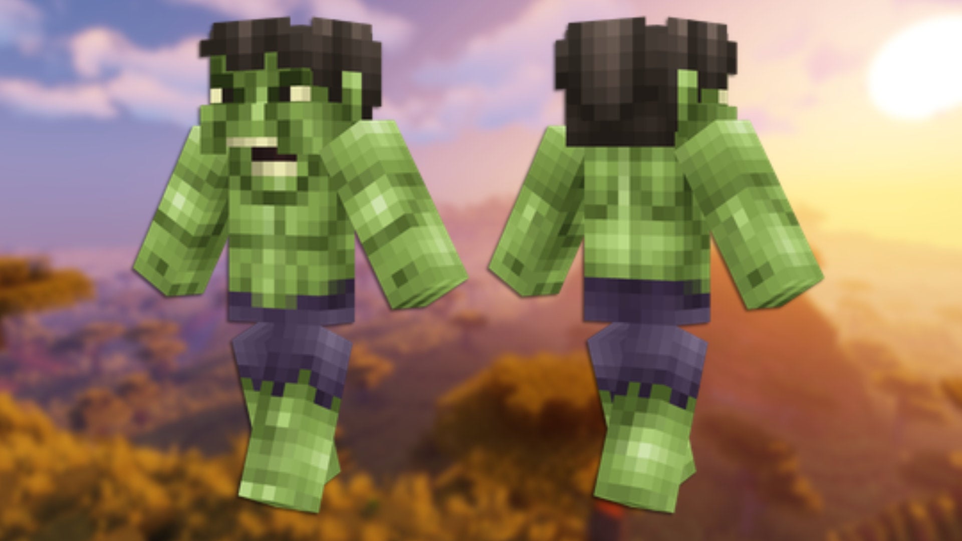 A front and back view of the Hulk Minecraft skin.