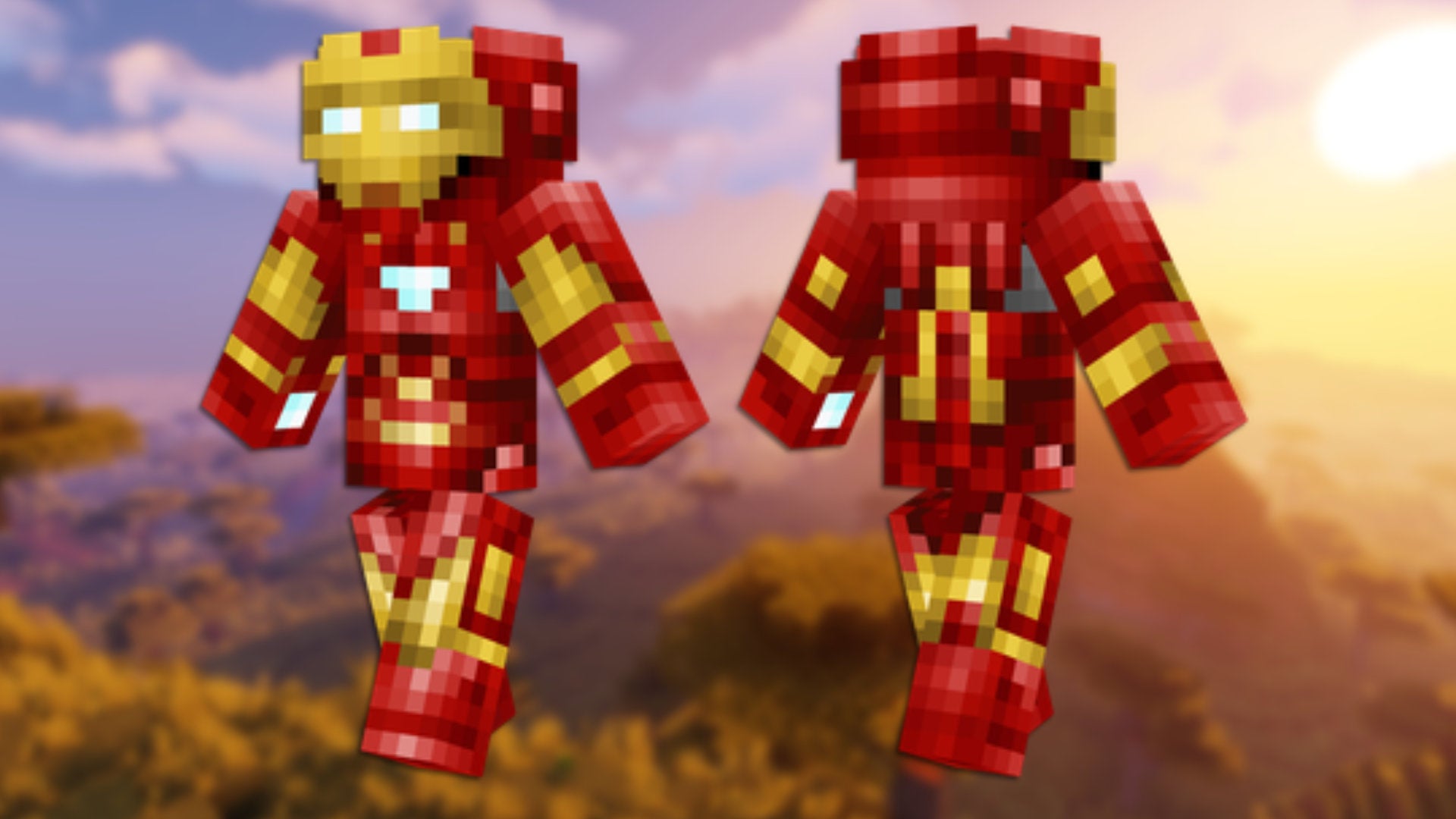 A front and back view of the Iron Man Minecraft skin.