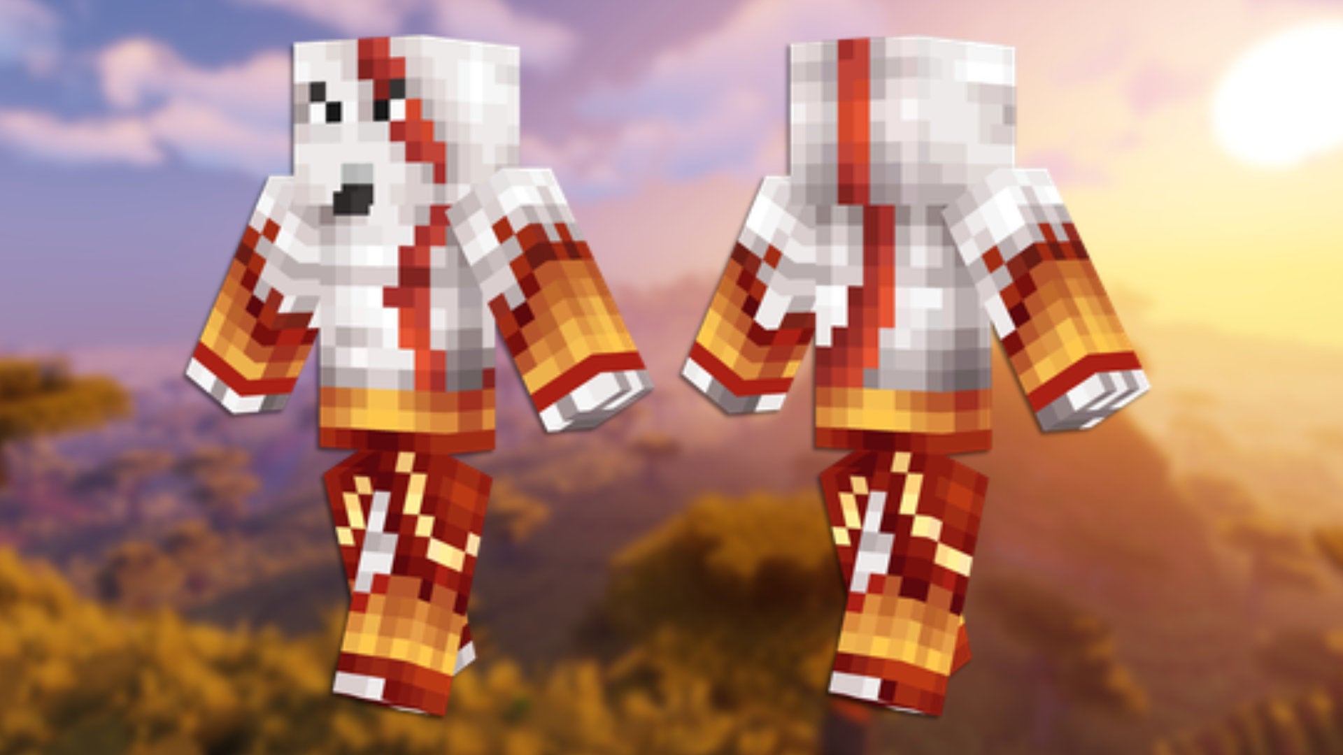 A front and back view of the Kratos Minecraft skin.