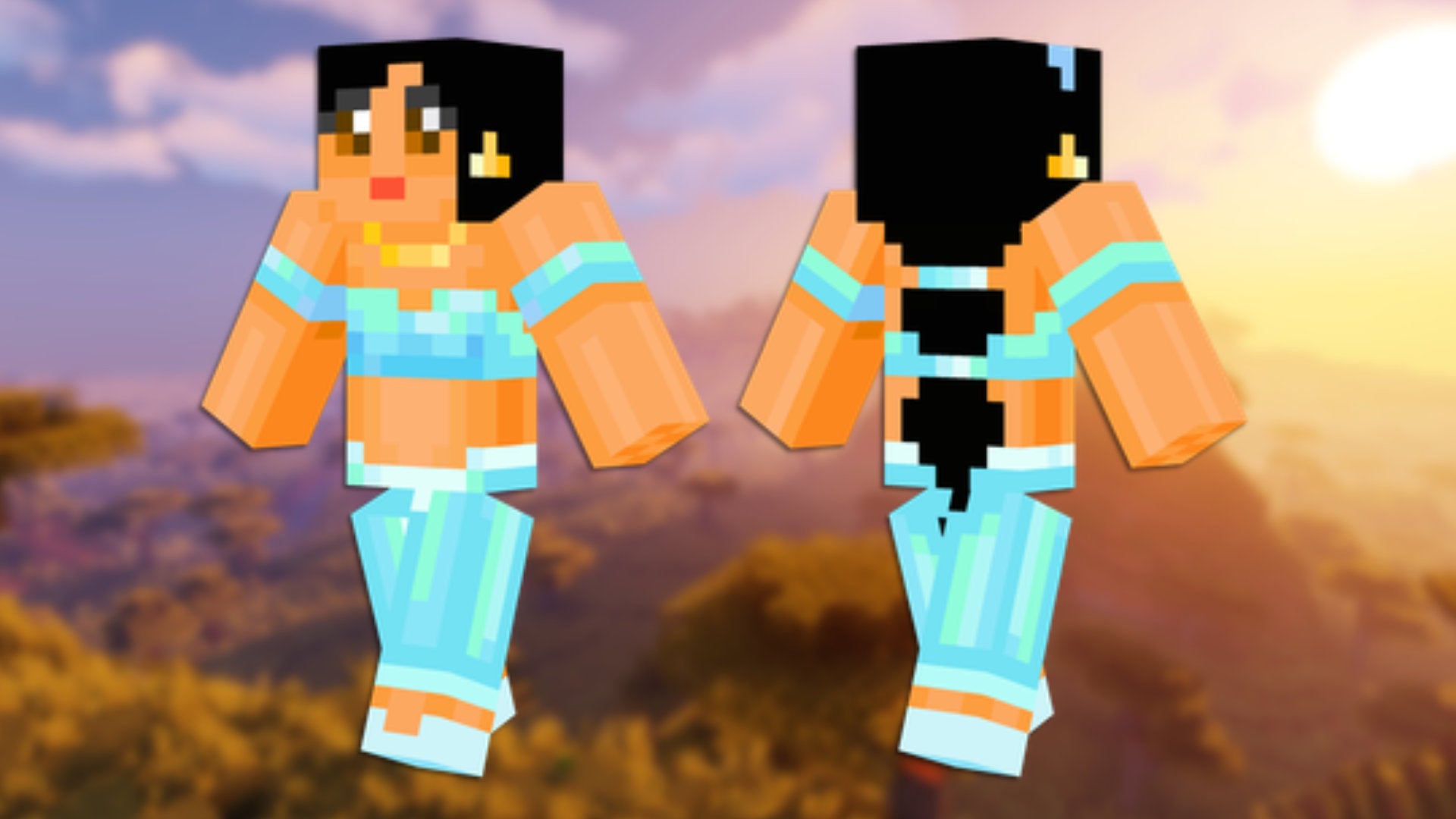 A front and back view of the Princess Jasmine Minecraft skin.