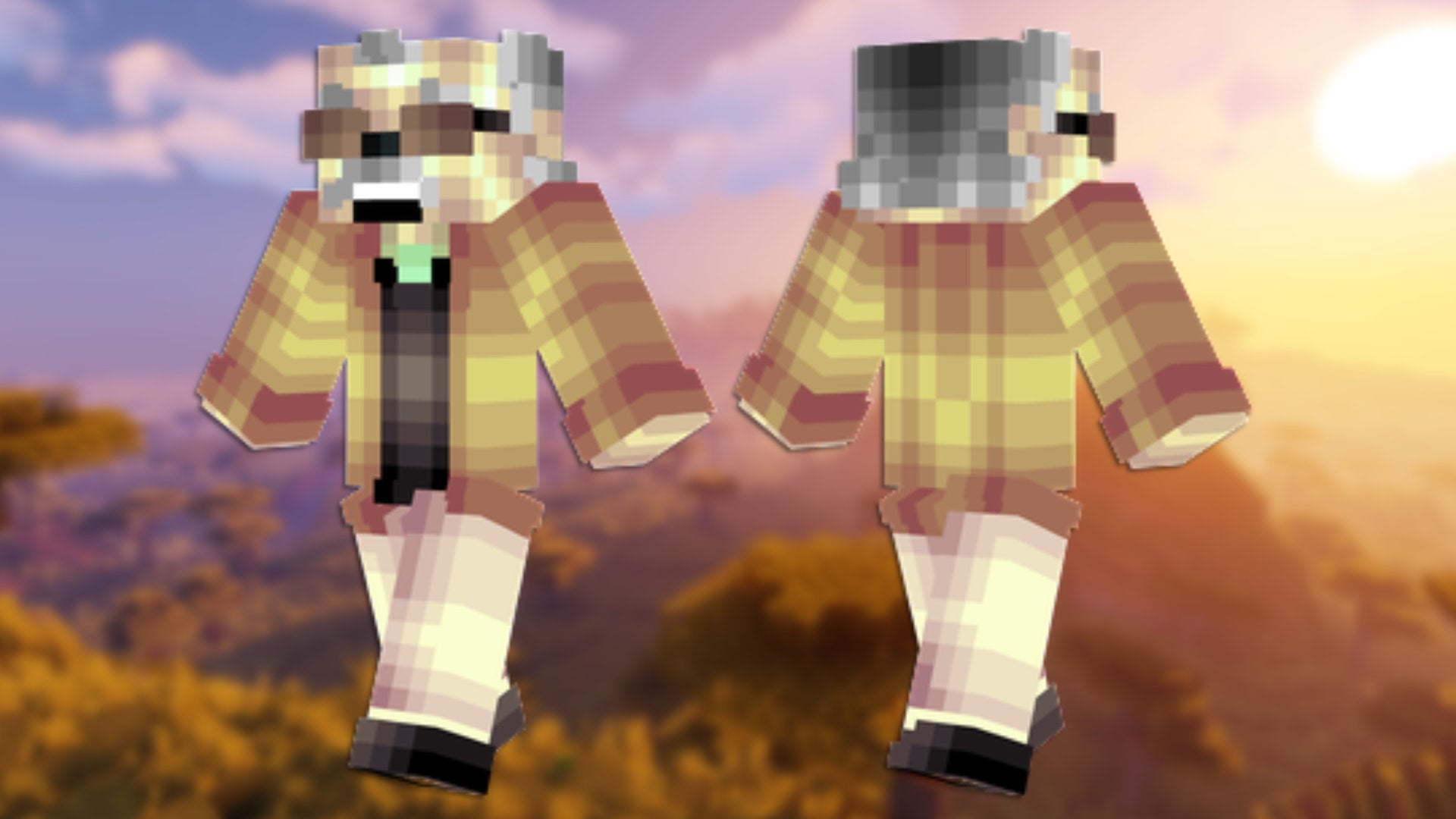 A front and back view of the Stan Lee Minecraft skin.