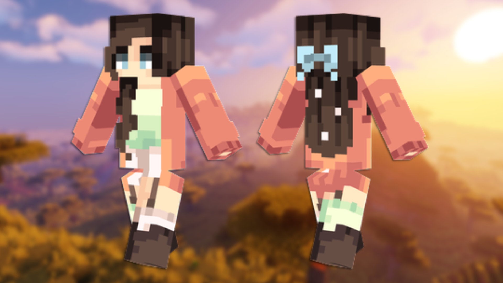 A front and back view of the Plum Girl Minecraft skin.
