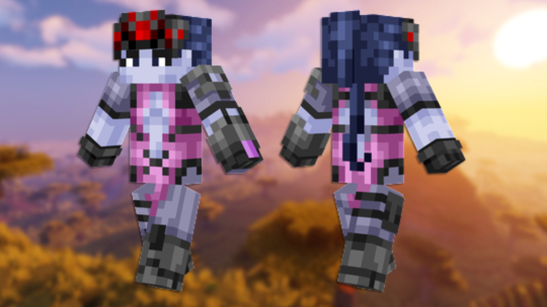 A front and back view of the Widowmaker Minecraft skin.