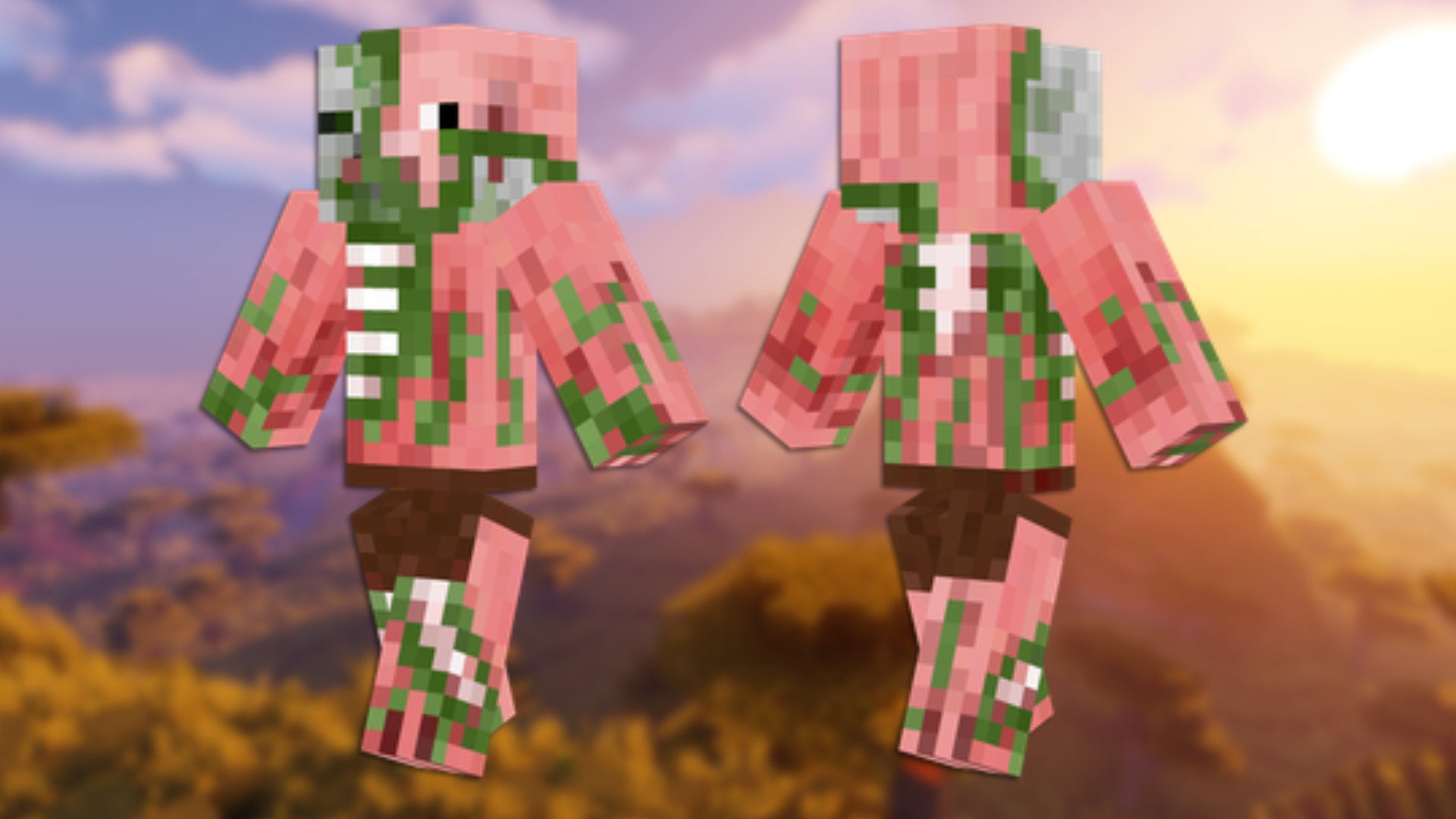 A front and back view of the Zombie Pigman Minecraft skin.