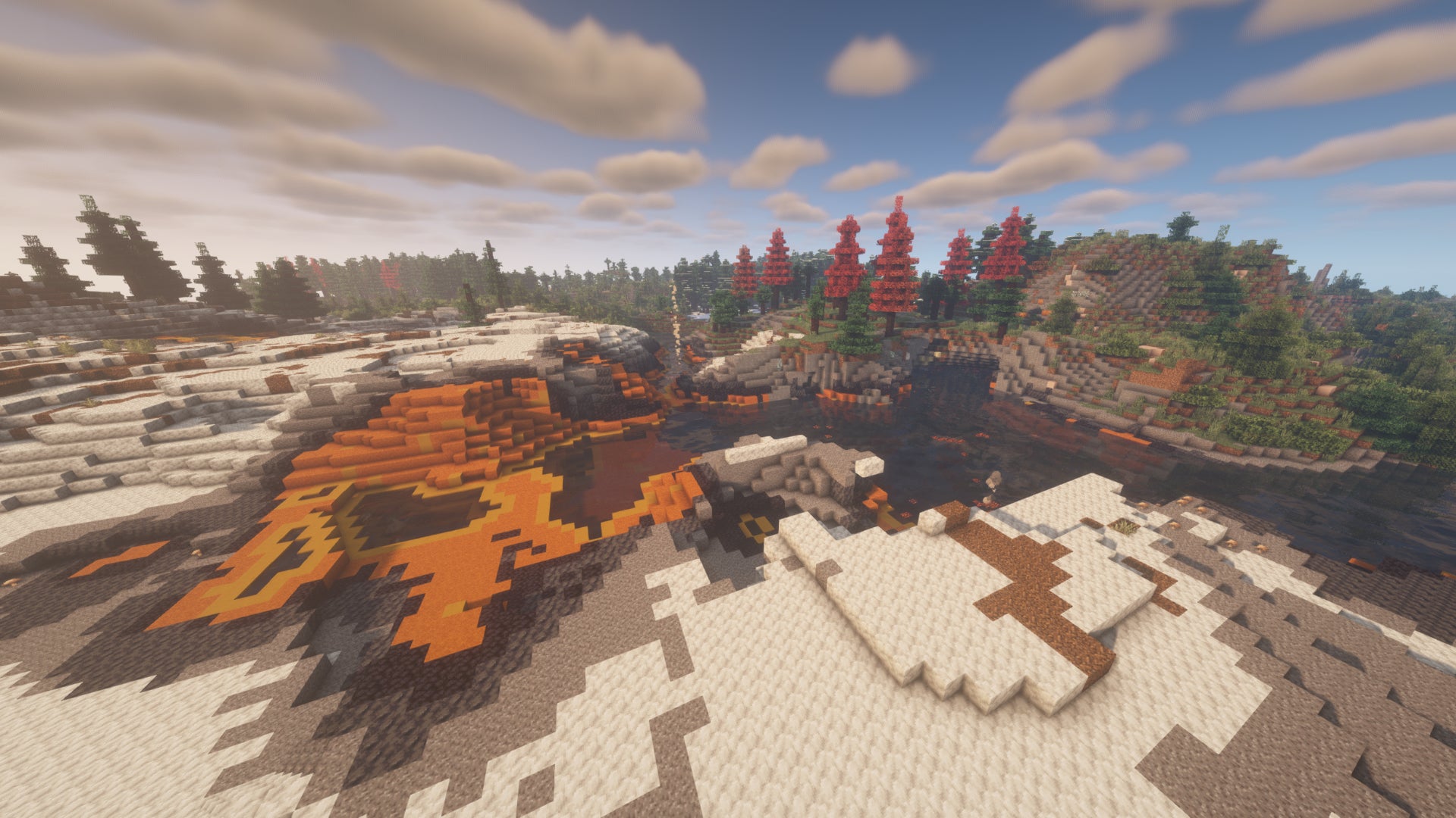 The player in Minecraft looks out at a landscape of Yellowstone, red-leaved trees, and forest - all features of the Terralith terrain-changing mod.