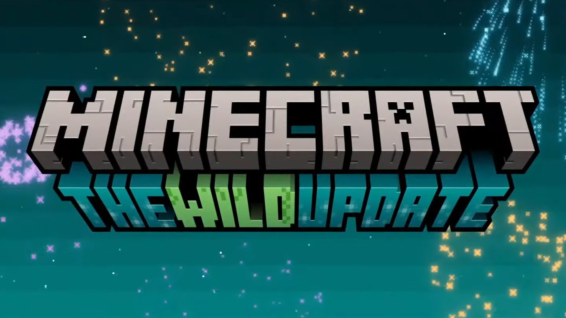 Logo for The Wild update, coming to Minecraft in 2022. Fireworks surround the logo