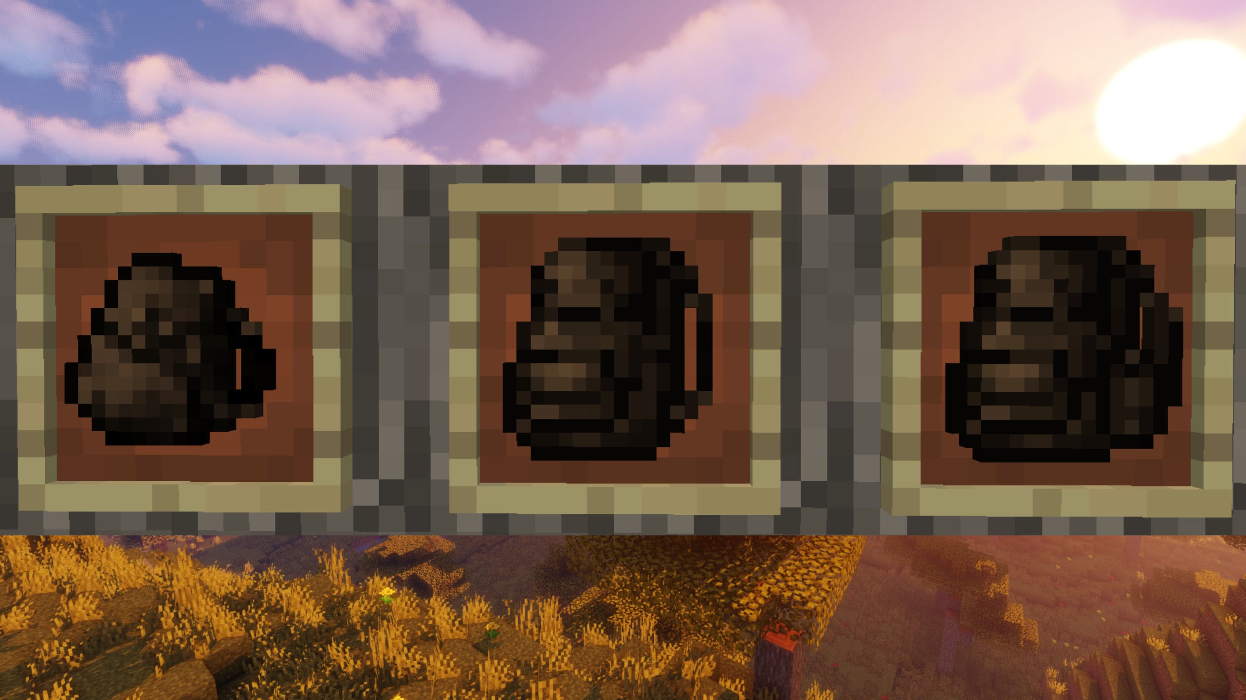 The three types of backpack added to Minecraft with the Useful Backpacks mod, set against a Minecraft landscape backdrop.