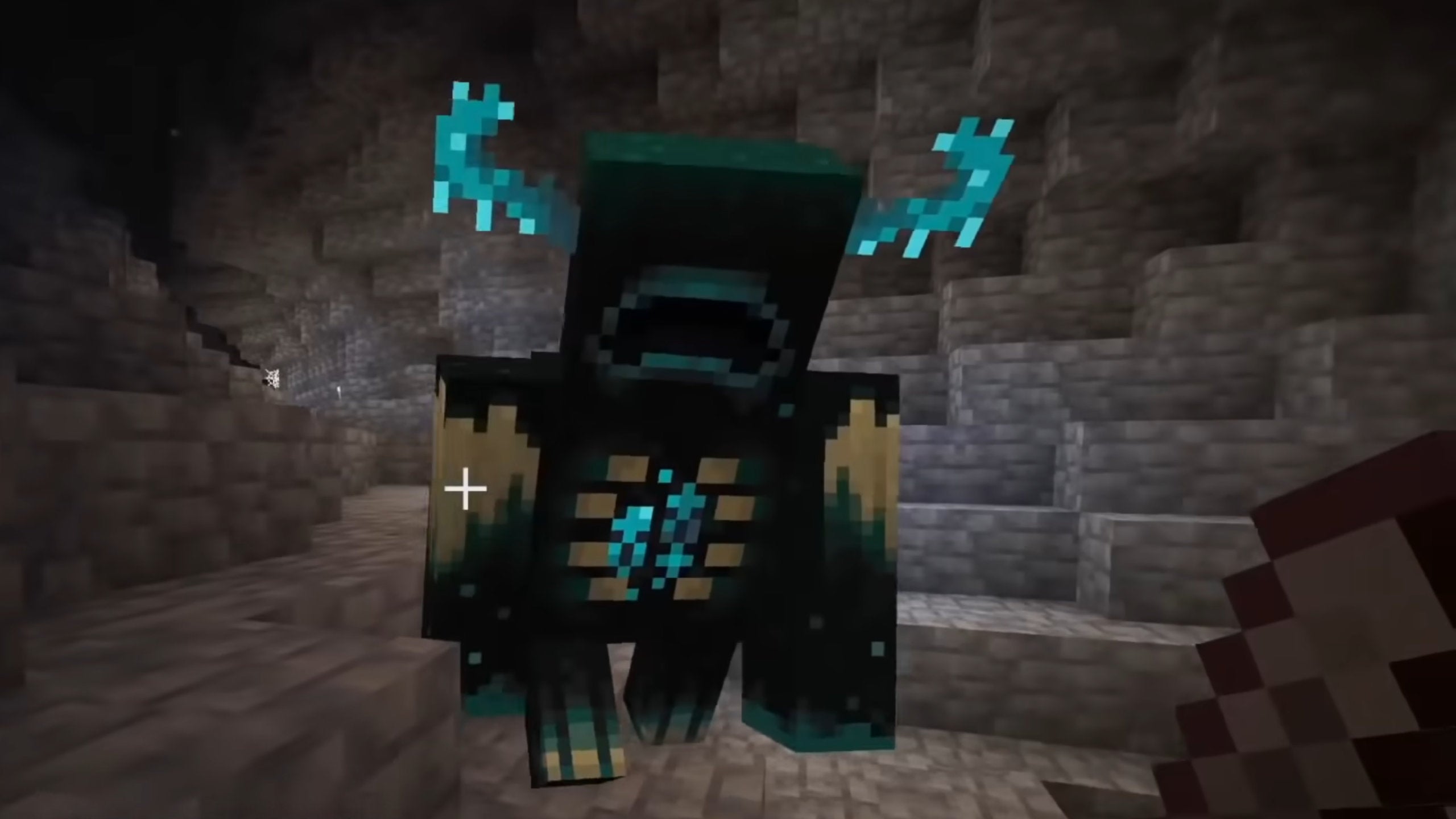 A Warden attacking a player in the Deep Dark biome in Minecraft.