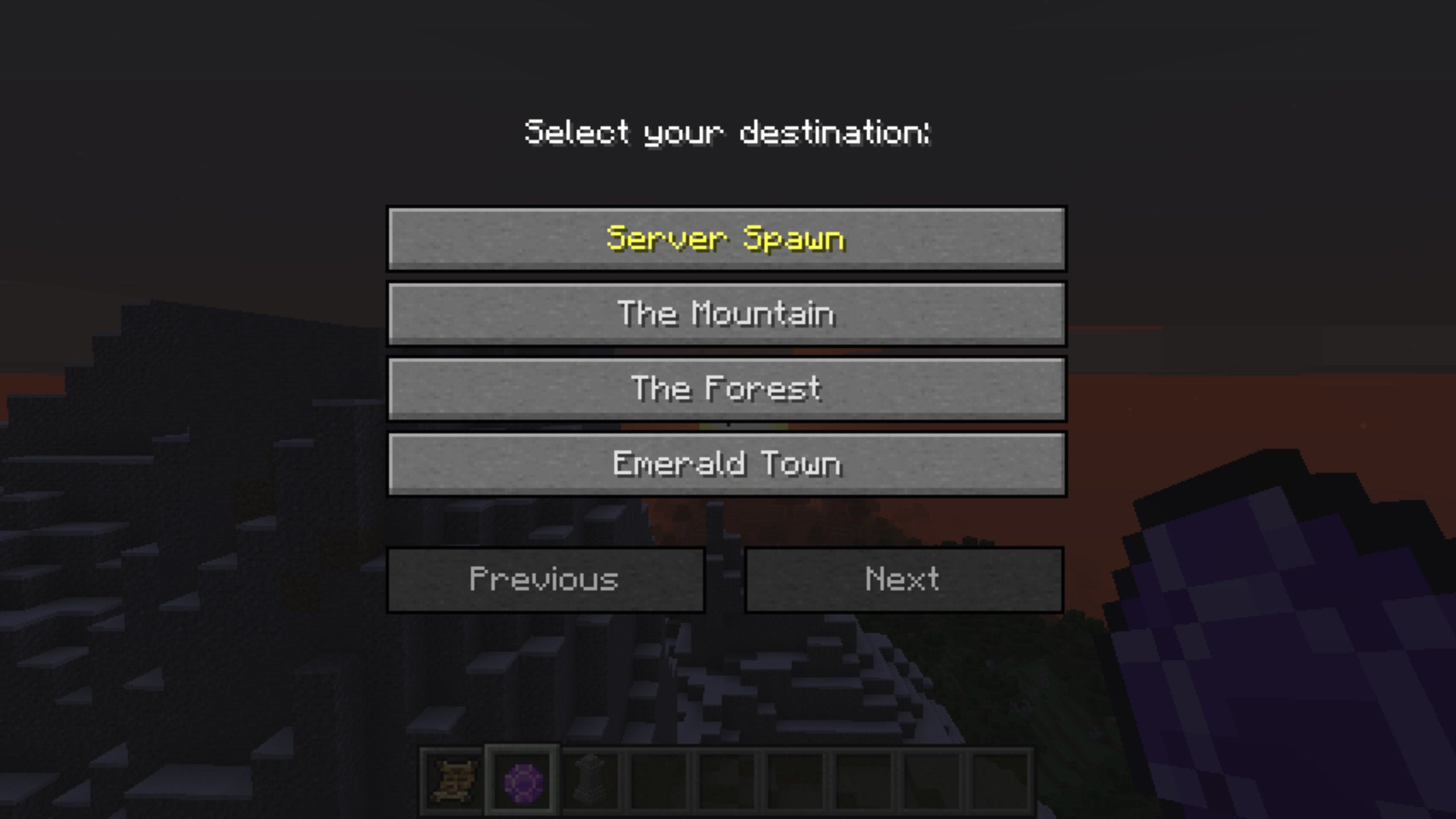 A screenshot of a menu in the Waystones mod of Minecraft, which allows the player to select between various locations to teleport.