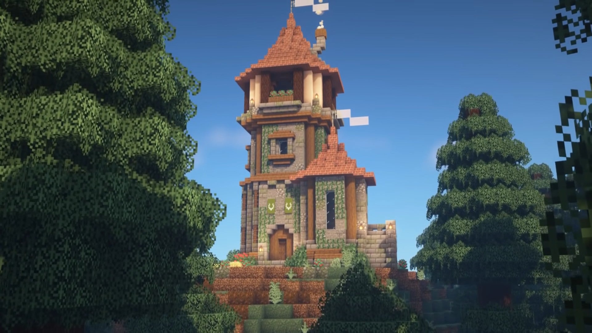 wizard tower surrounded by trees in minecraft