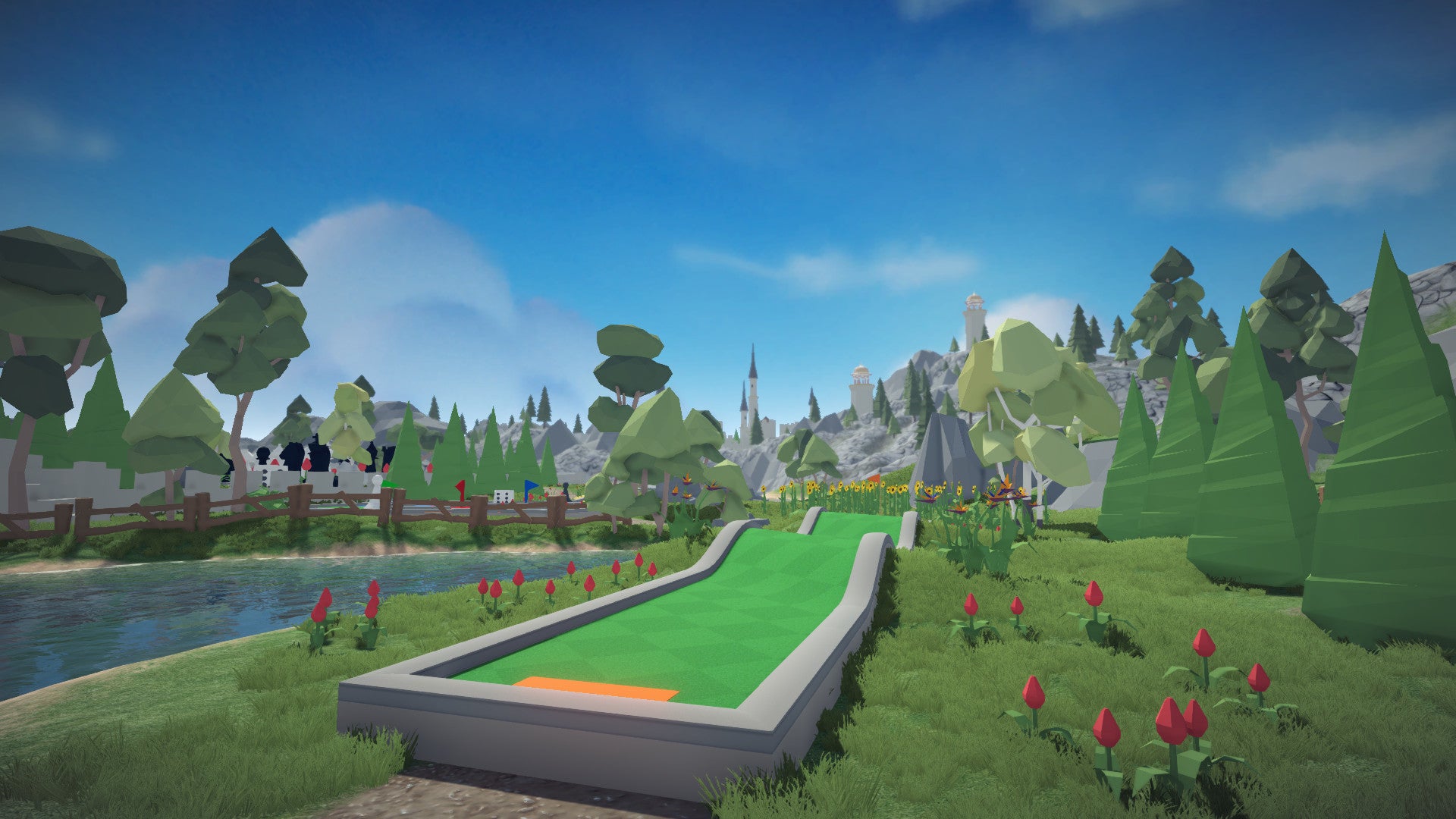 A screenshot of MiniGolf Maker showing a grassy, tree-covered field, with a mini golf course through it.