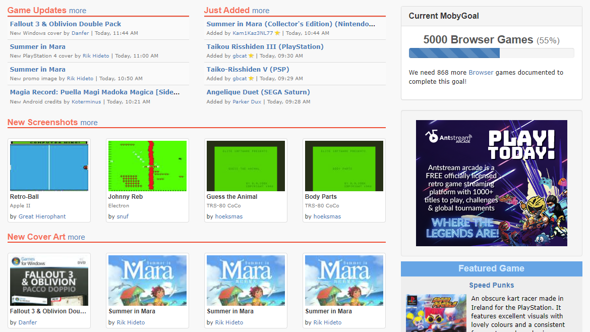 A screenshot of the MobyGames front page showing recent database additions.