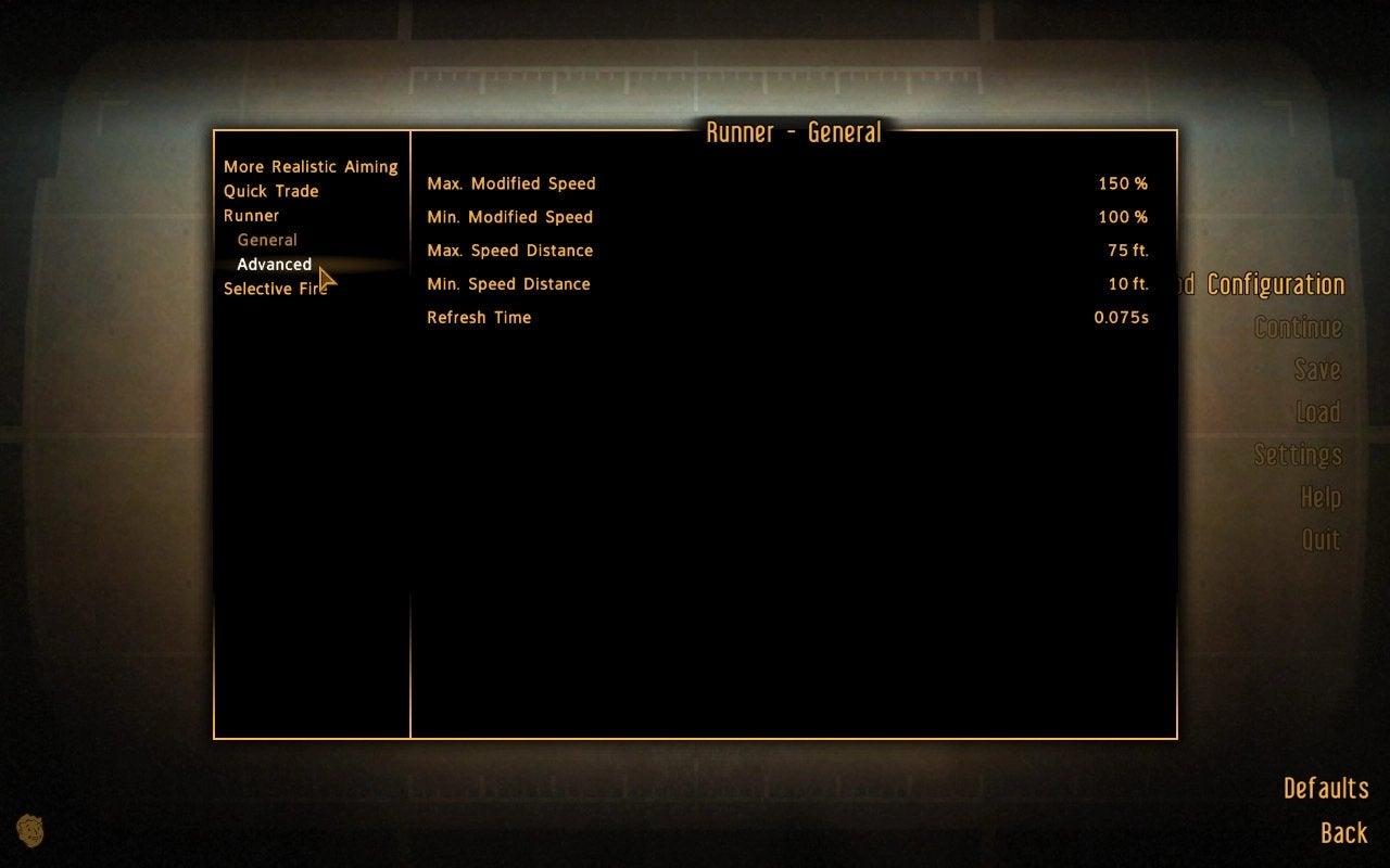 A menu screen showing the Mod Configuration Menu mod in Fallout: New Vegas