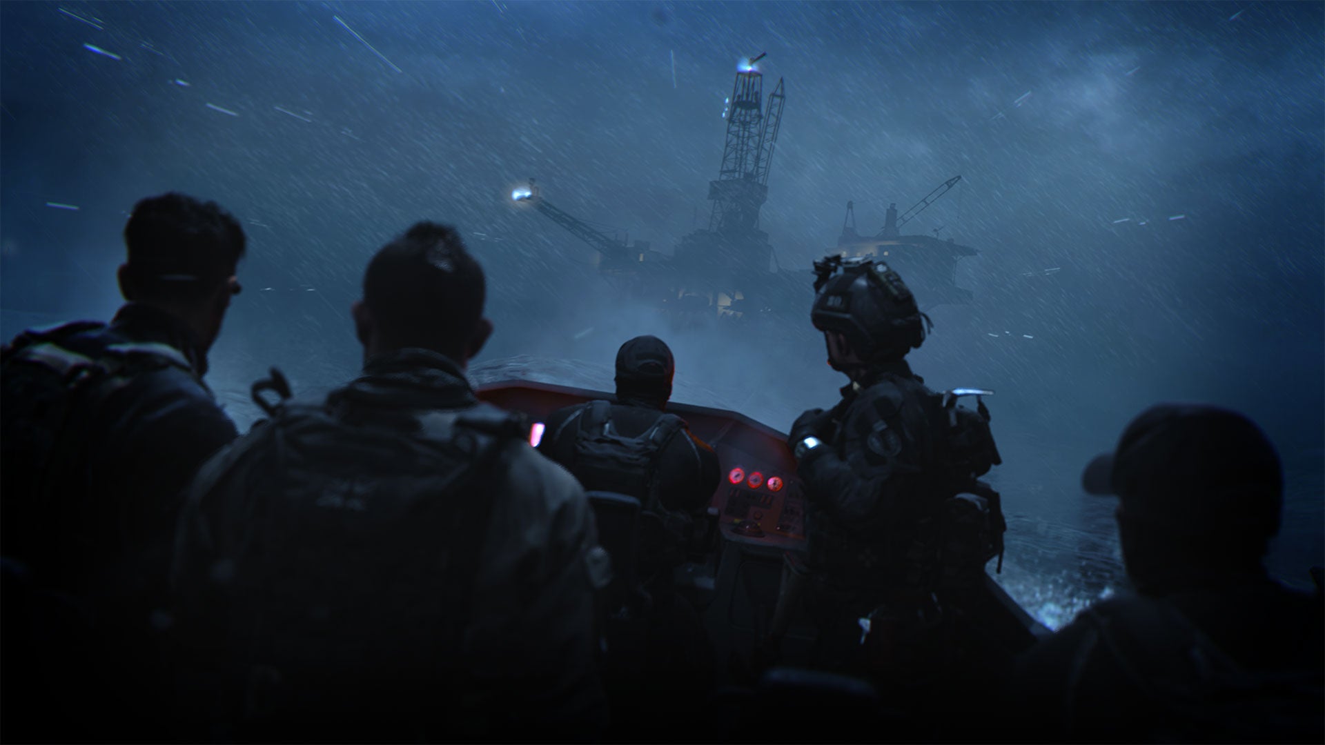 A squad in Modern Warfare 2 approaches an oil rig via speedboat at night.