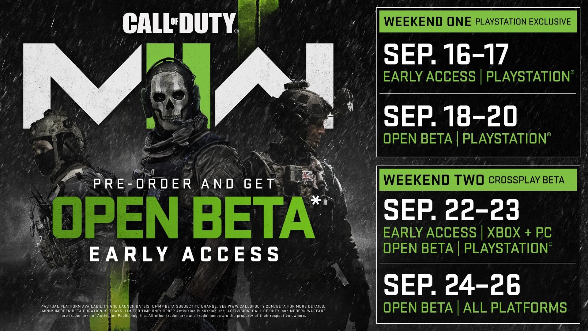 A Modern Warfare 2 poster detailing the dates and times for the Open Beta event in September.