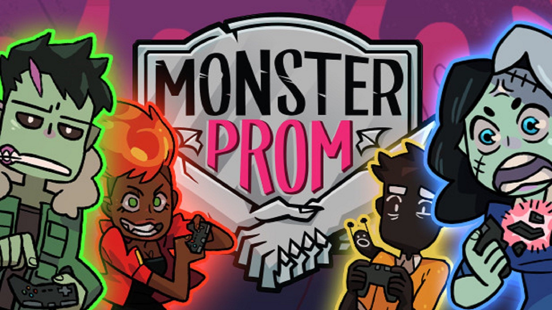 The Monster Prom logo surrounded by the four playable characters: a zombie boy, fire djinn girl, shadow boy, and Frankenstein's monster girl.