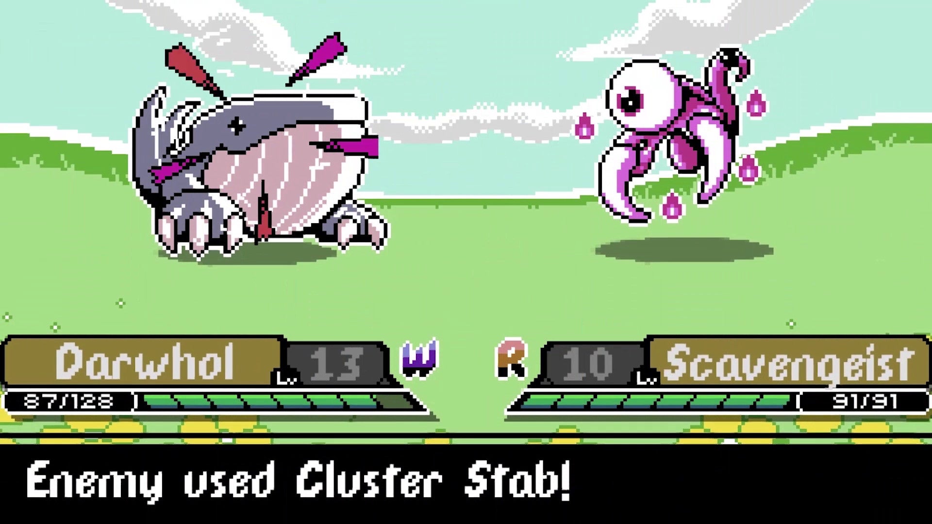 A whale creature and an eyeball creature face off in Monster Crown.