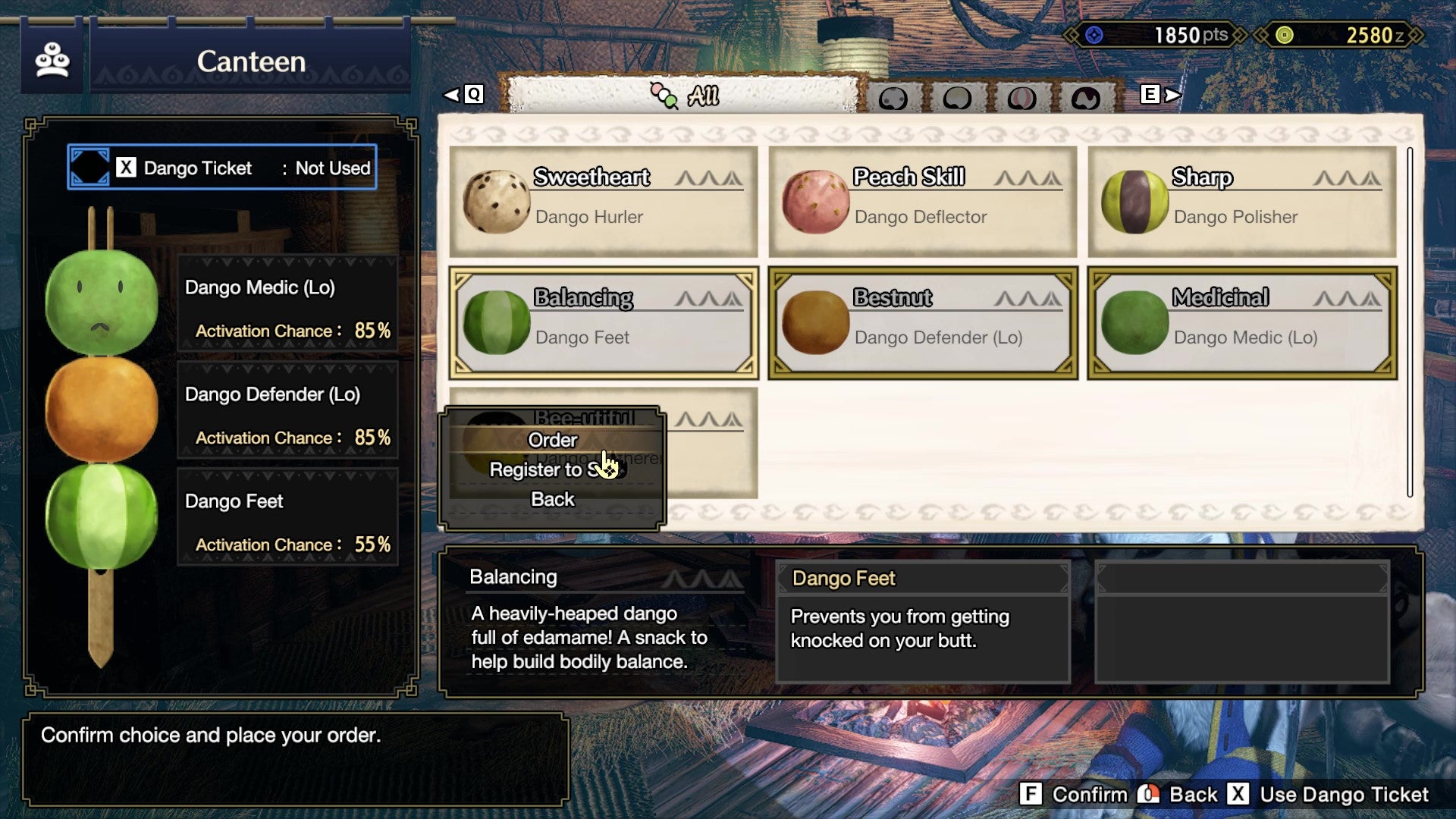 Ordering a trio of Bunny Dango from the canteen at the start of a Monster Hunter Rise quest.