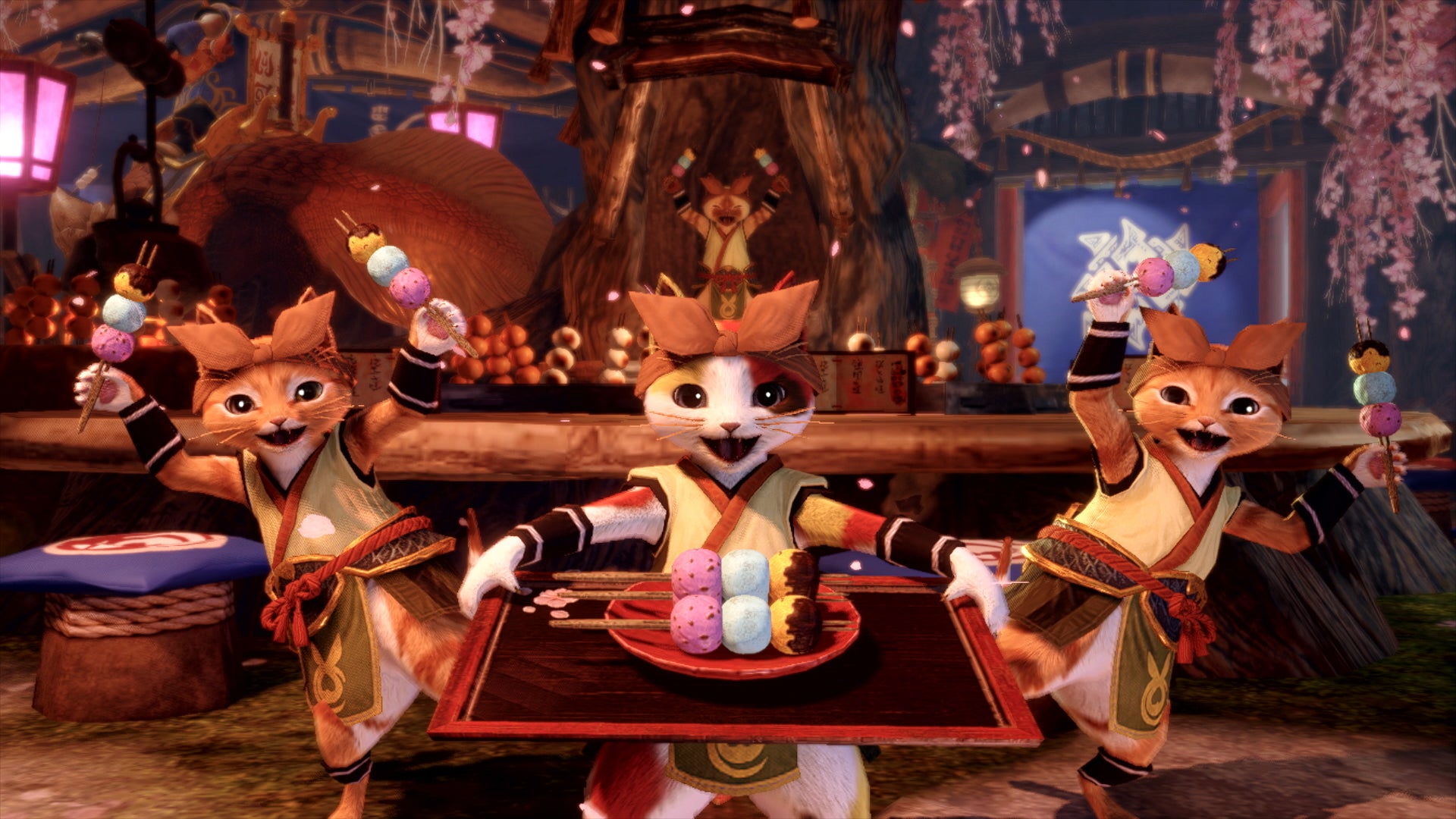 Three Palicos holding plates of food in Monster Hunter Rise