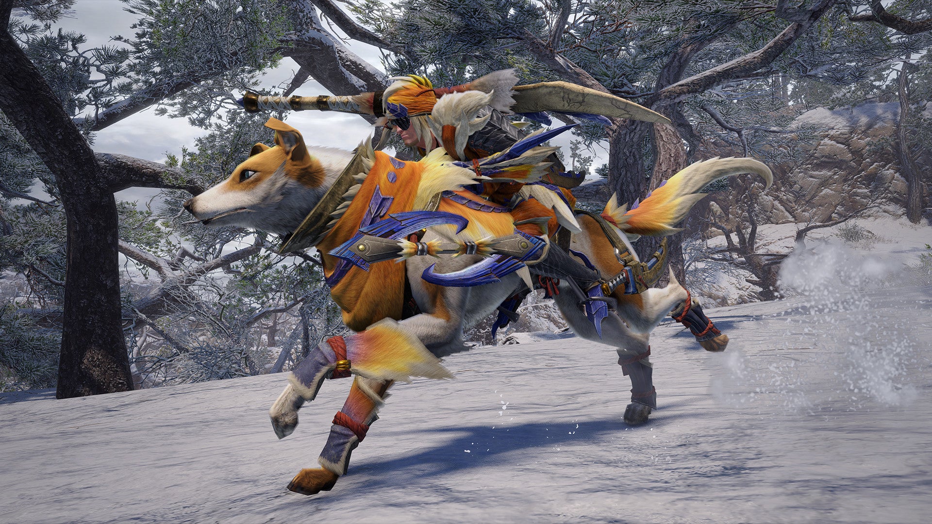 A hunter in Monster Hunter Rise riding a Palamute mount, while wearing matching armor.