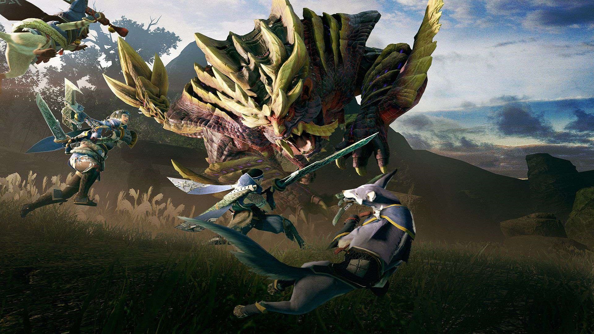The main loading screen image from Monster Hunter Rise, showing a party of two human hunters, a Palico, and a Palamute battling against a huge lizard-like monster.
