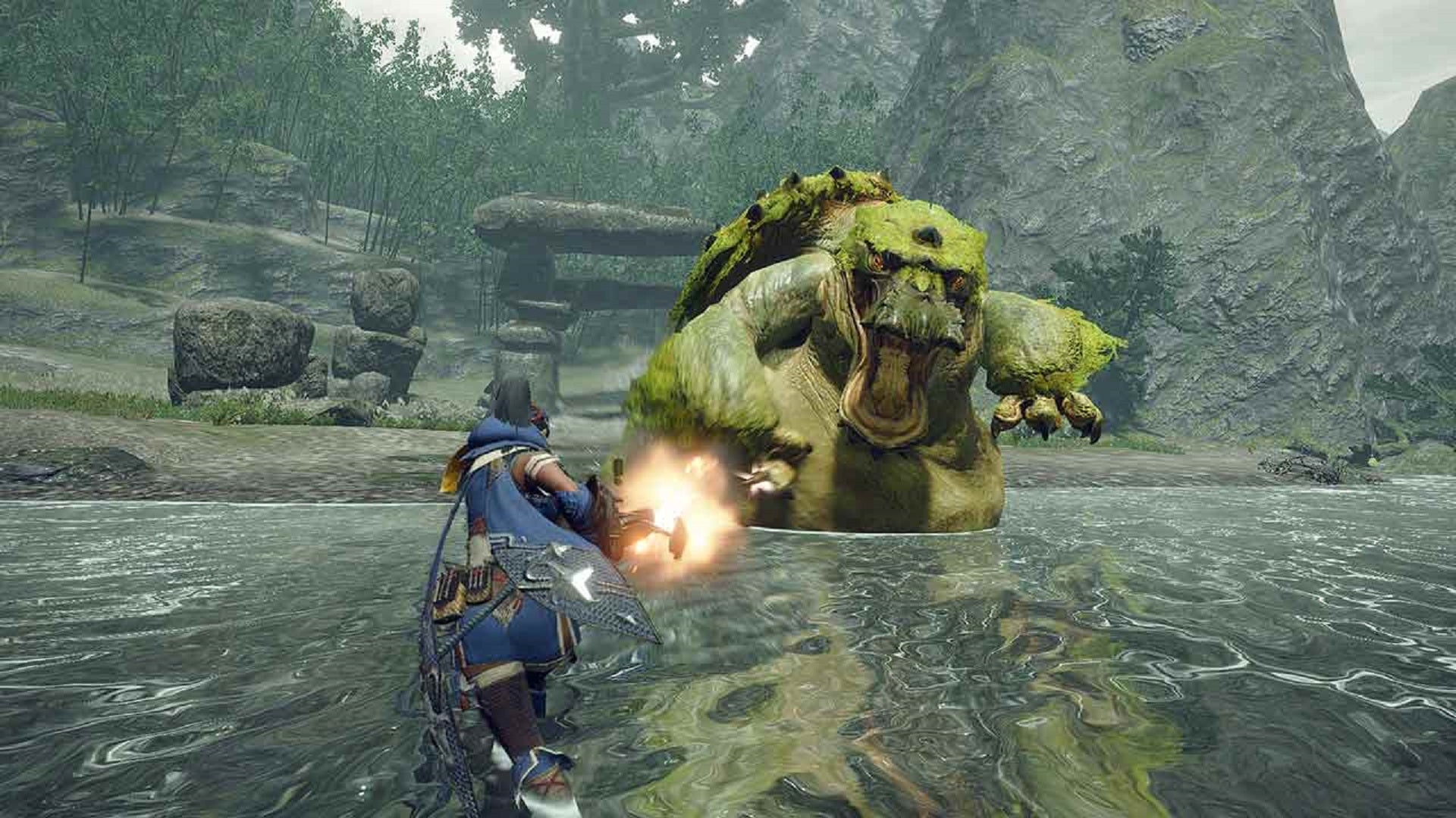 A Monster Hunter Rise character fights a giant creature in a body of water.