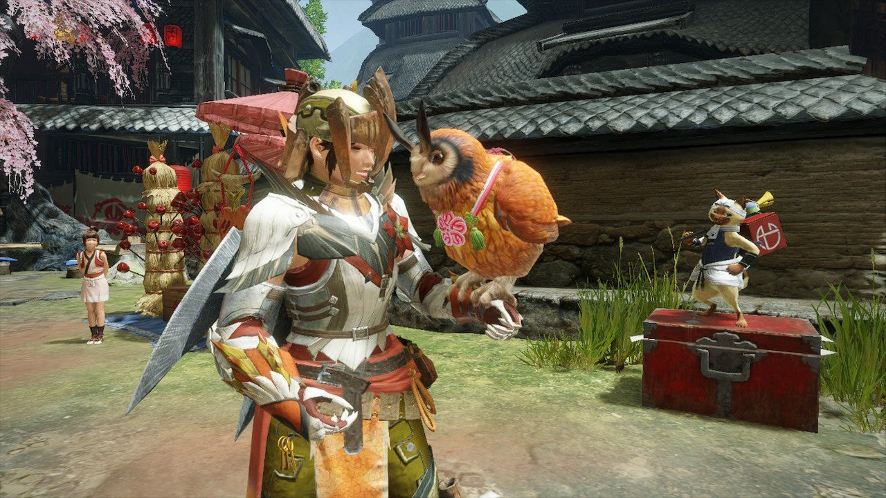 A screenshot of a Hunter holding an orange owl on their arm in Monster Hunter Rise
