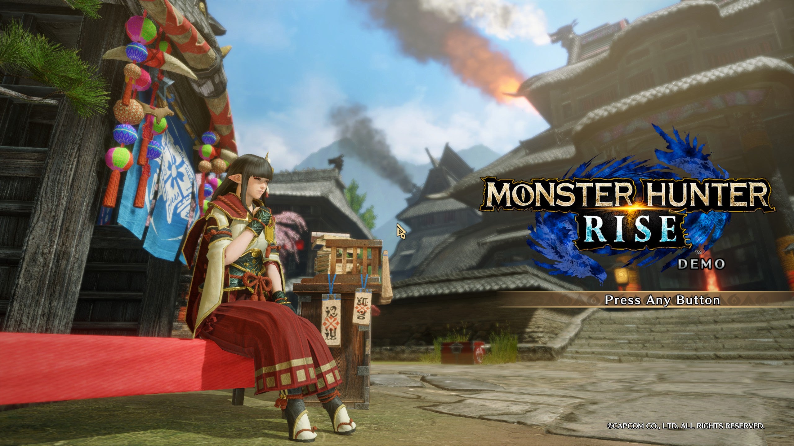 A sitting woman sings on the start screen for Monster Hunter Rise.