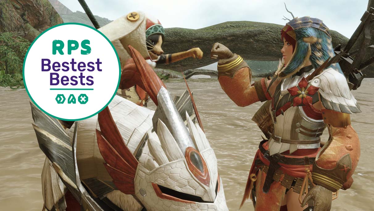 A female warrior fist bumps her feline Palico in Monster Hunter Rise, with the RPS Bestest Best logo in the corner