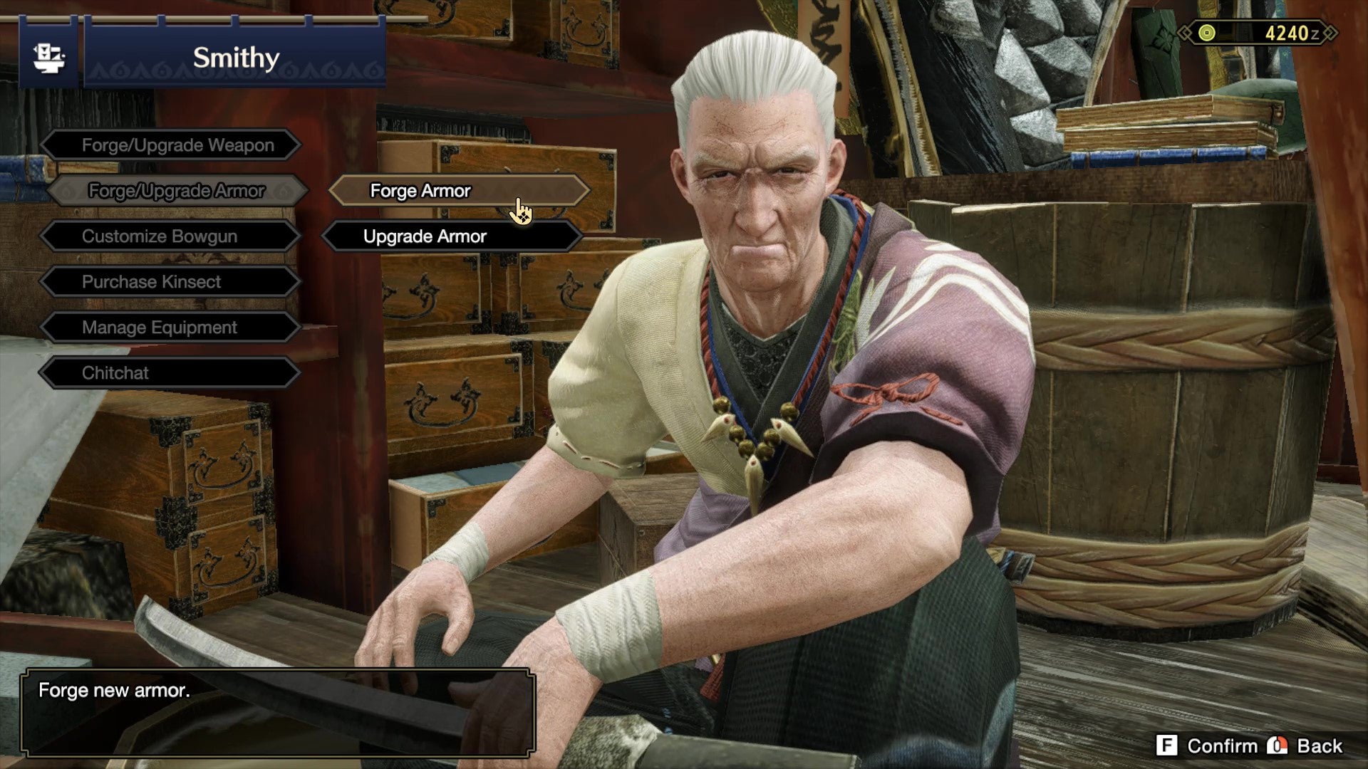 A close-up on the face of Hamon the Blacksmith in Monster Hunter Rise, along with his interactions options menu.