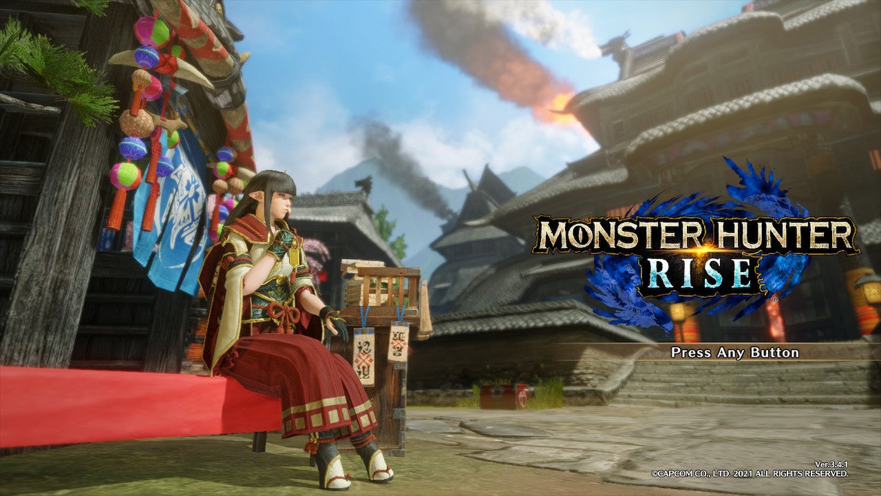امرأة جالسة تغني على شاشة البداية Monster Hunter Rise.