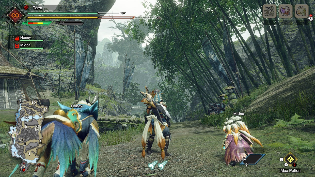 A hunter and her two pets stand in a forest clearing in Monster Hunter Rise.