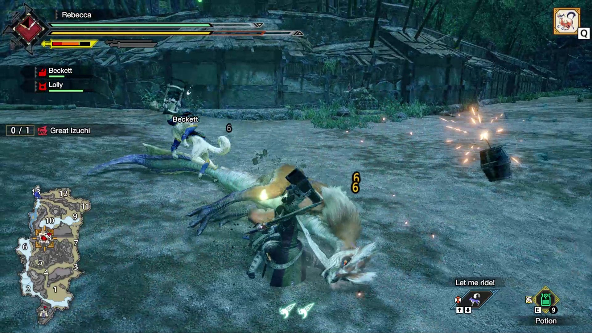 A downed monster in Monster Hunter Rise receives a finishing blow from the party. Yellow numbers indicate that its weak spot is its neck.