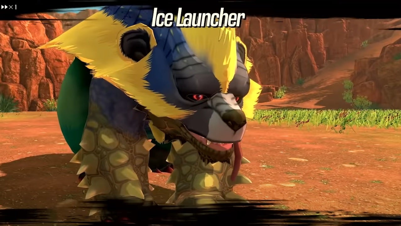 Monster Hunter Stories 2 - A closeup of an Arzuros during a battle with top text reading "Ice Launcher" prior to an attack.